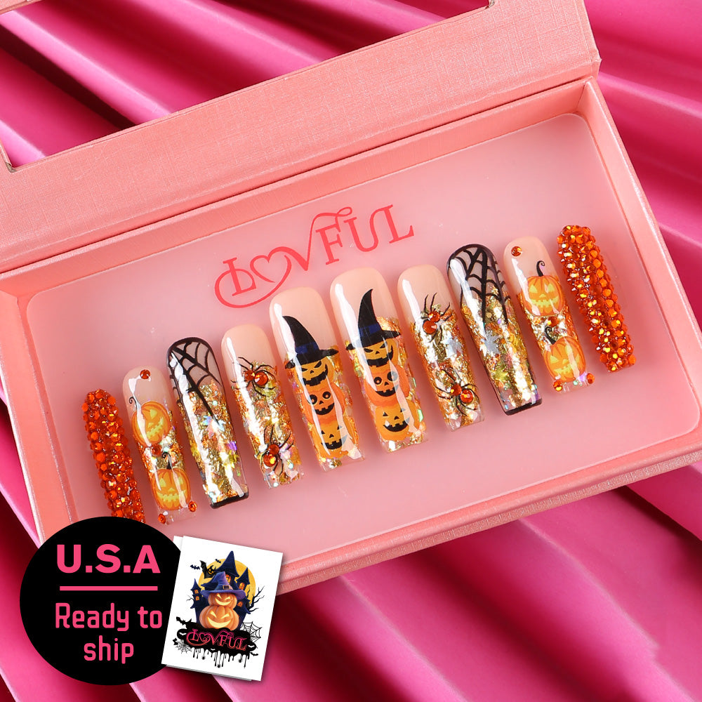 Pumpkin Party Handmade Square Nails H661 RTS