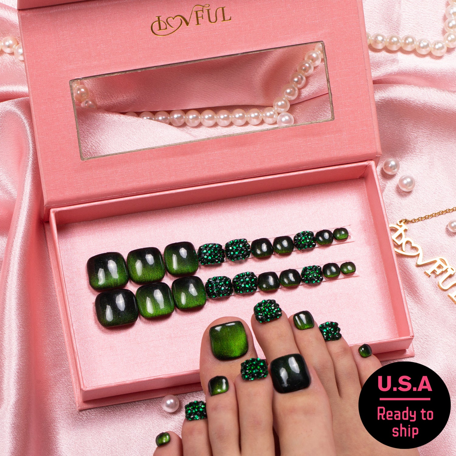 T147 - Classic Green Rhinestone - 20 Pcs FREE SIZE Toe Nails - RTS