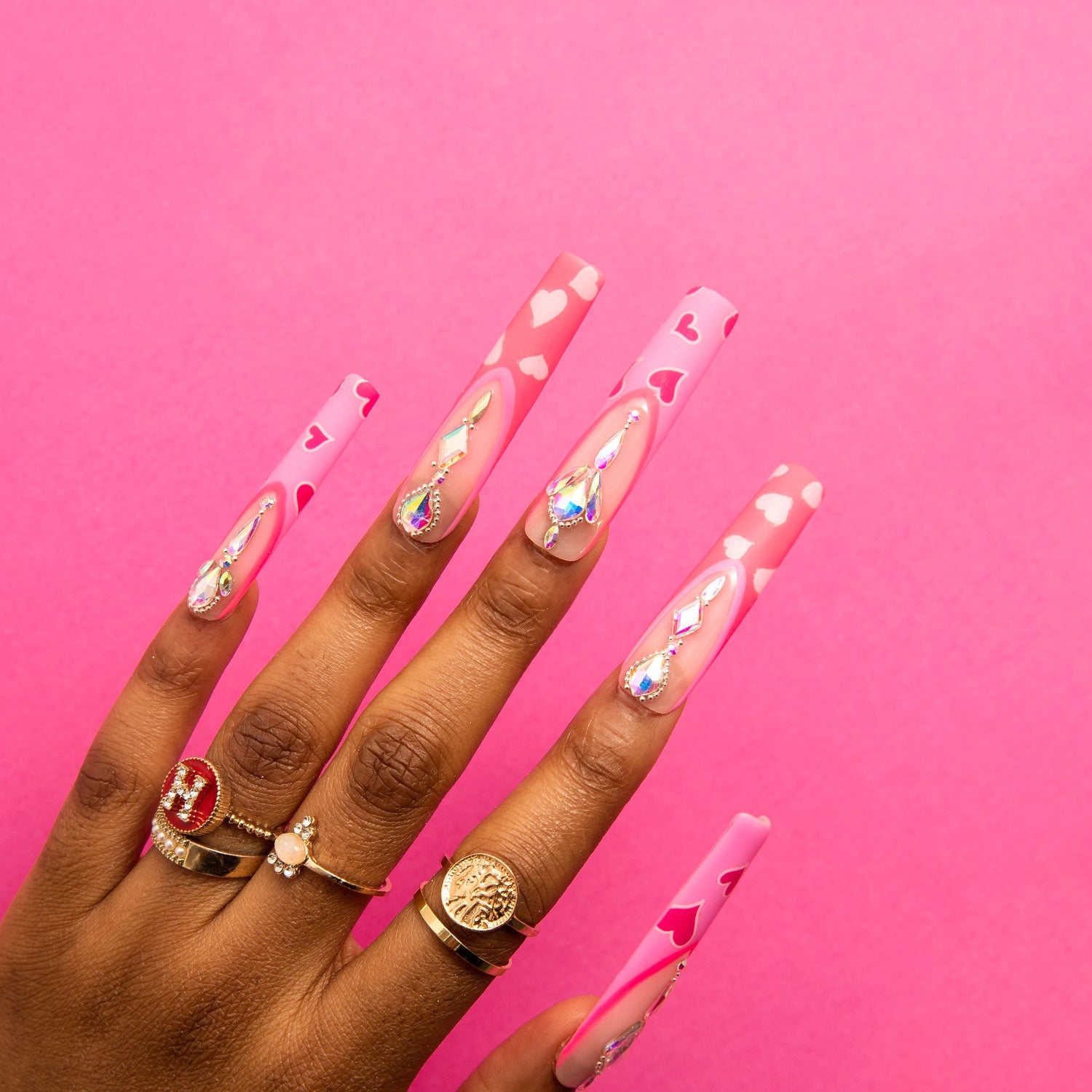 Floating Romance French Tip Press On Nails, Heart Design