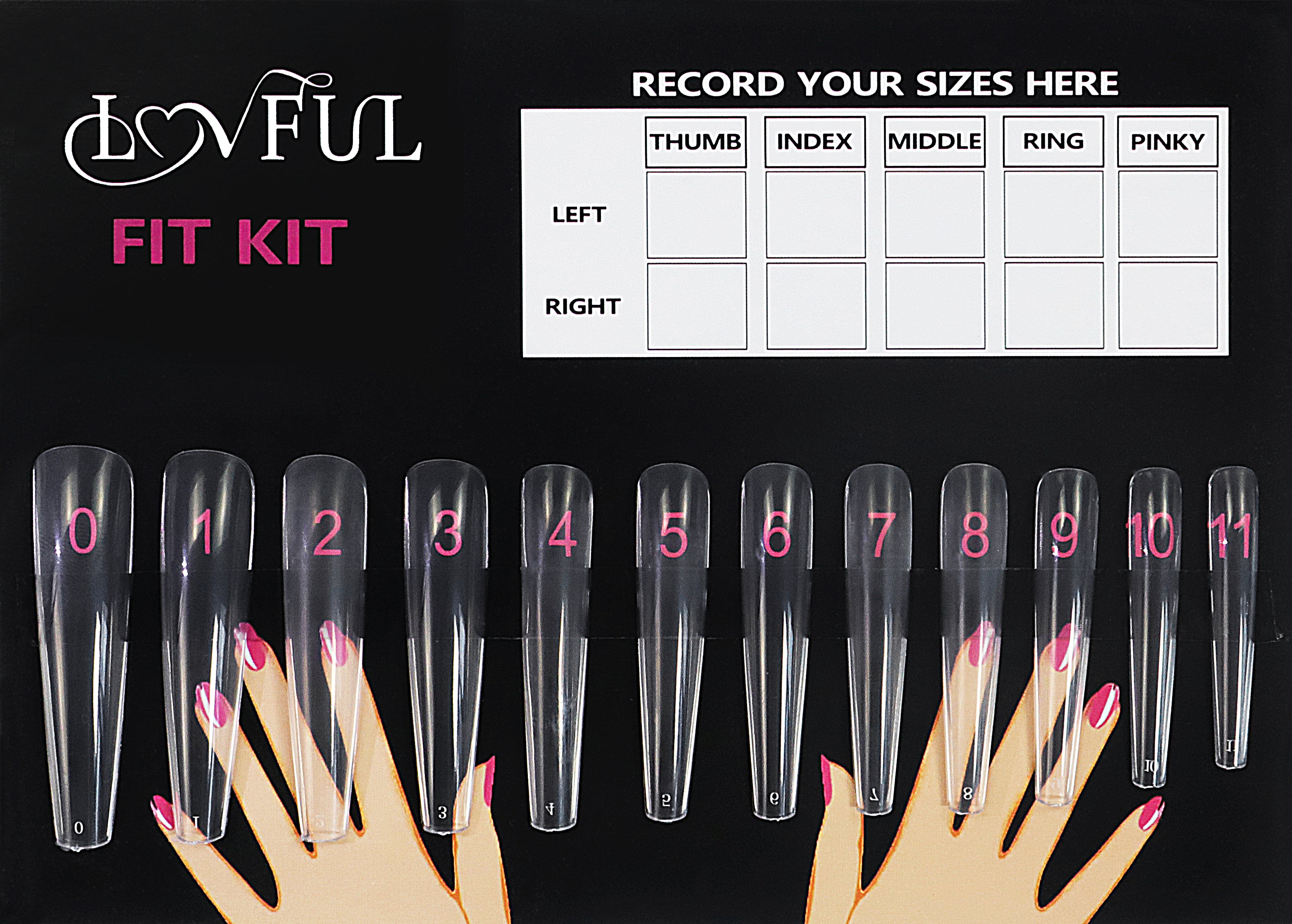 Lovful FIT KIT for handmade press-on nails showing 12 transparent sample nail sizes, numbered 0 to 11, with a chart to record thumb, index, middle, ring, and pinky sizes for both left and right hands.