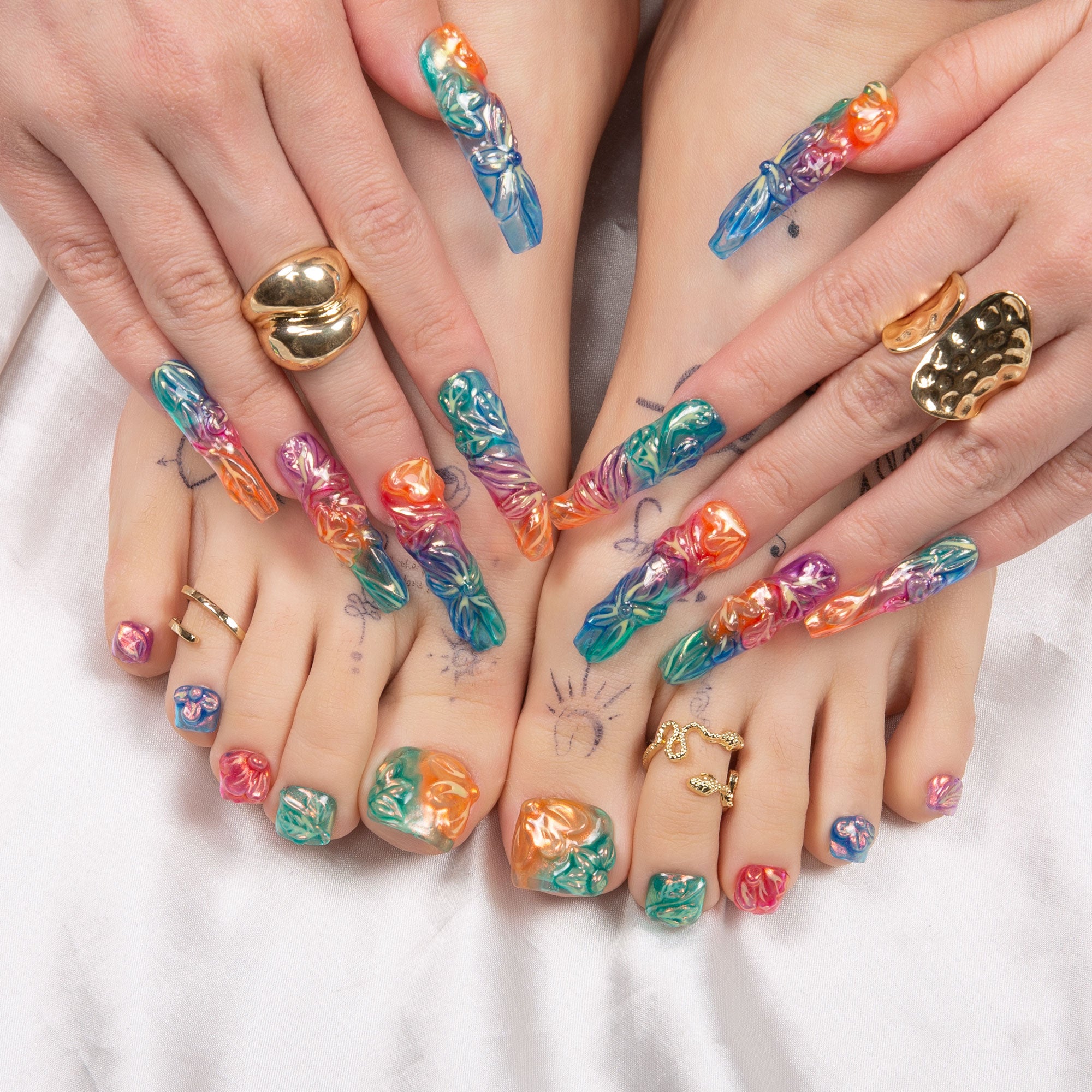 Charming Rainbow Combo Set Handmade Nails H341+T341