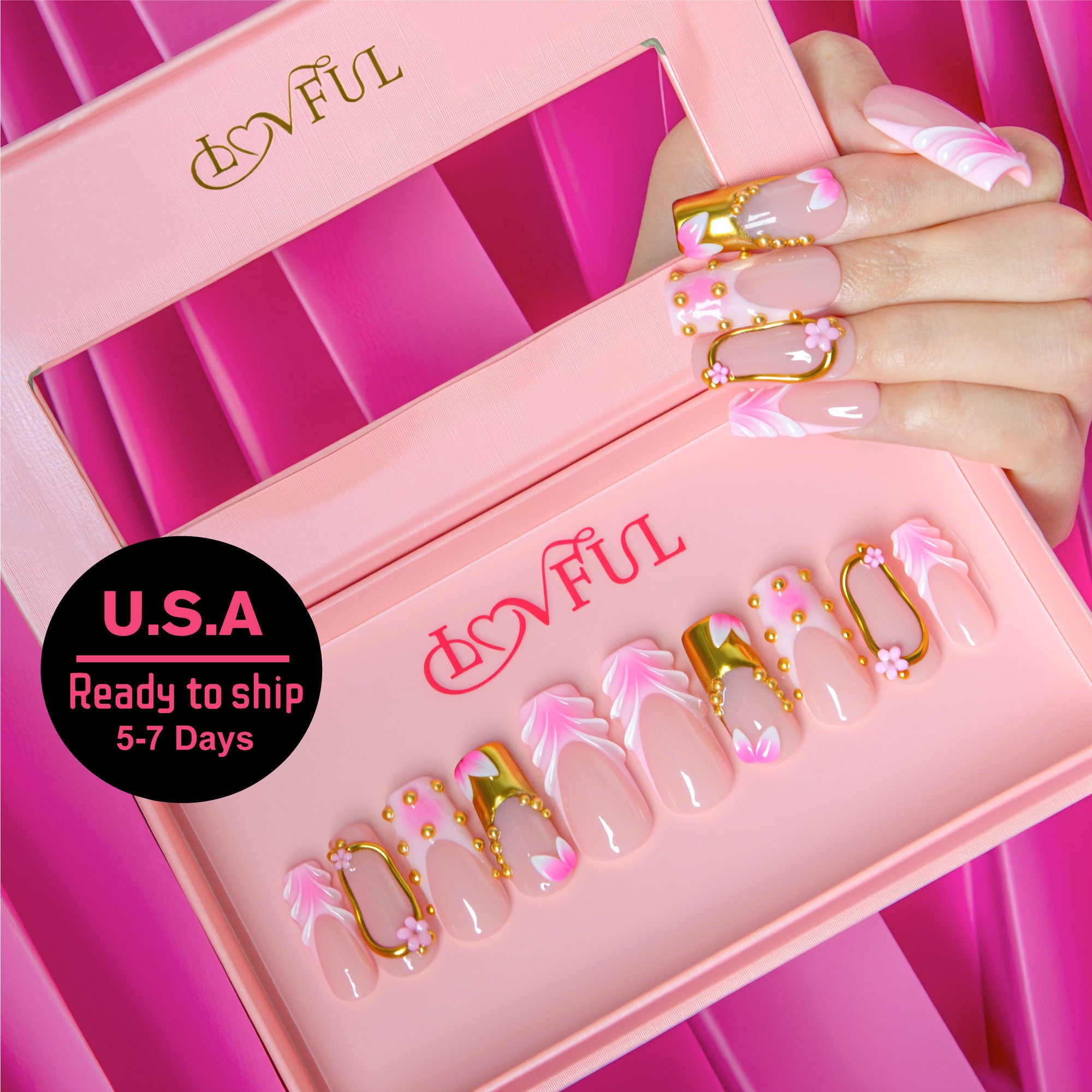 Rosy Charm Handmade Square Nails H692 RTS