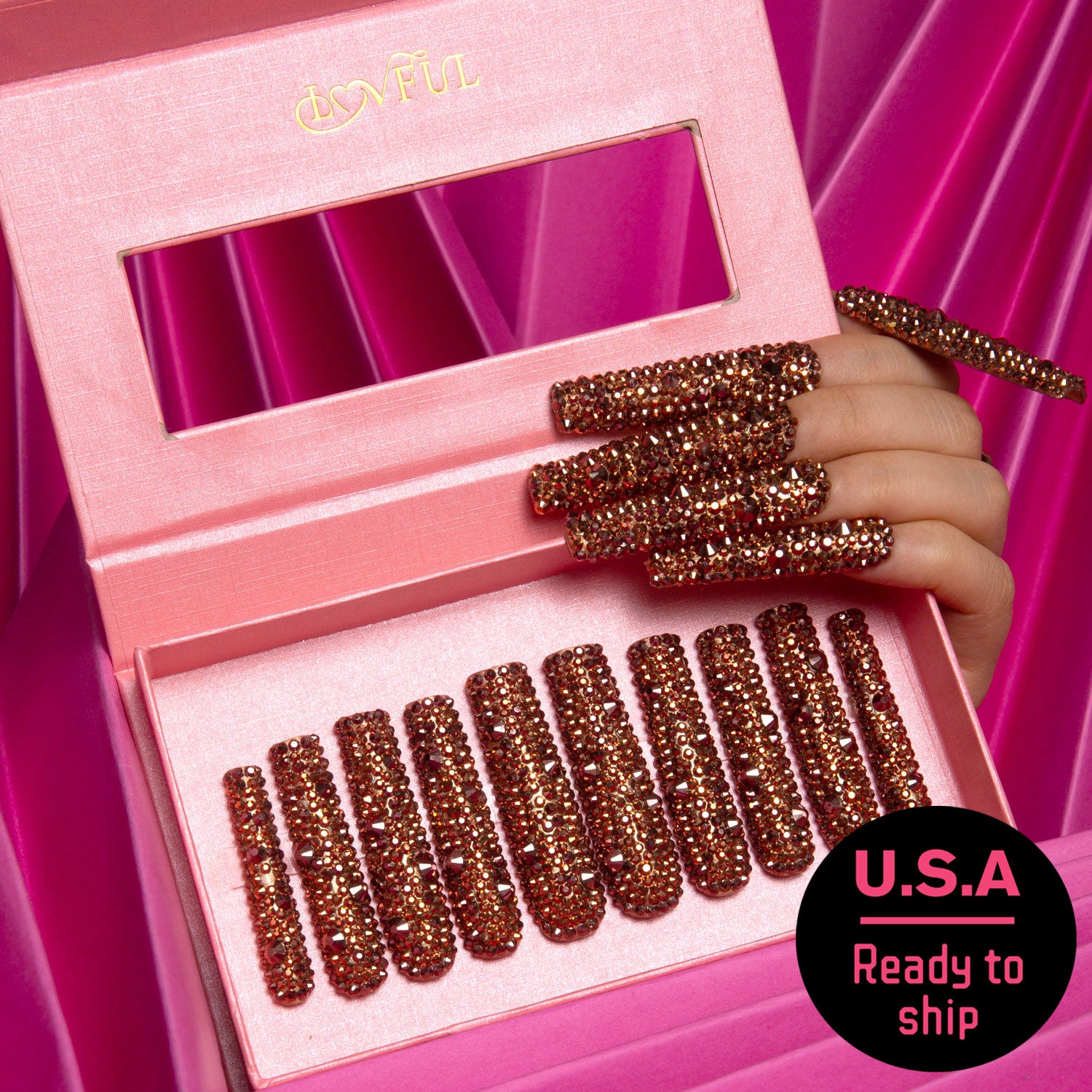 Classic Golden Rhinestone Square Press-On Nails | Ready to Ship