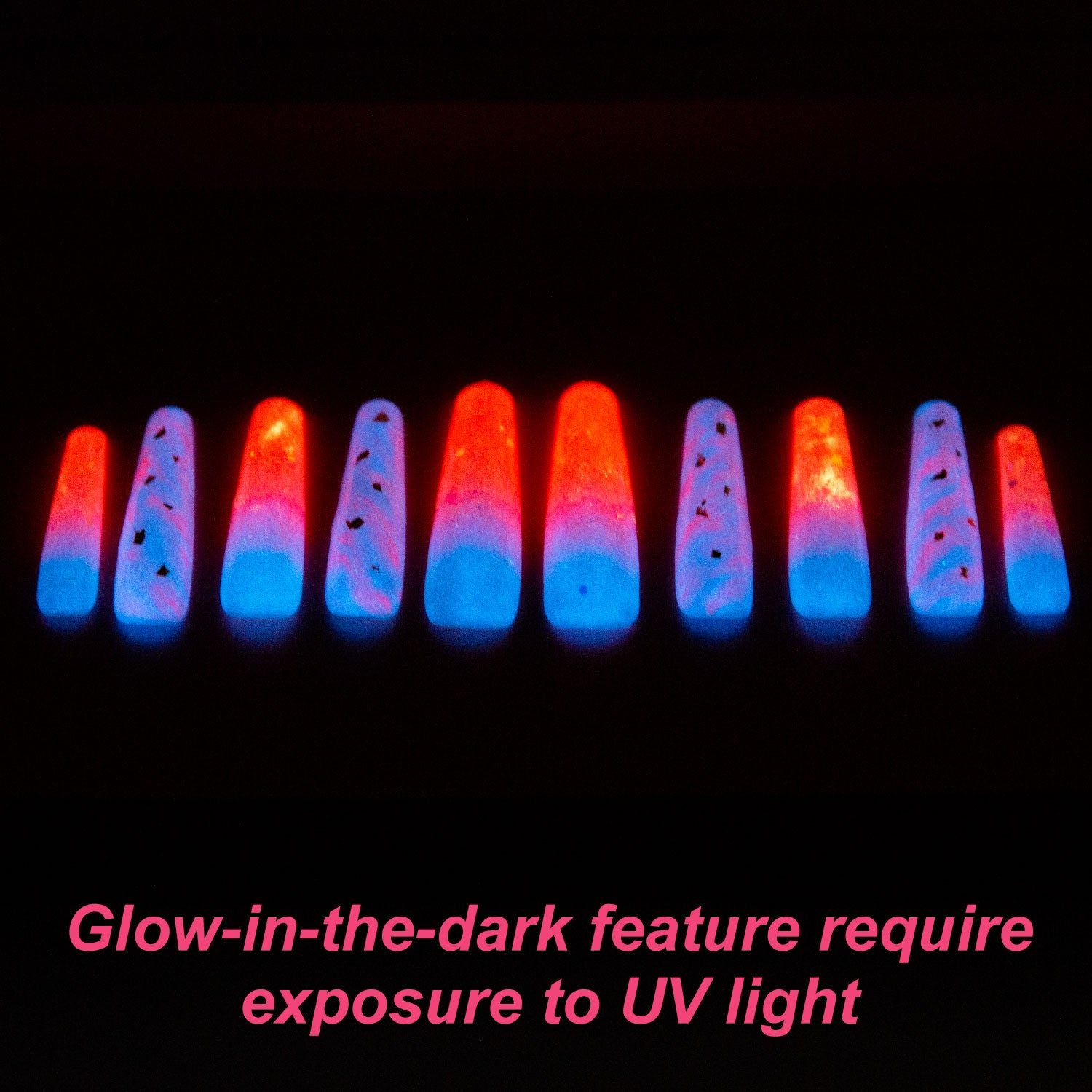 Glow in the dark coffin nails, pink and blue gradient, Ready to Ship