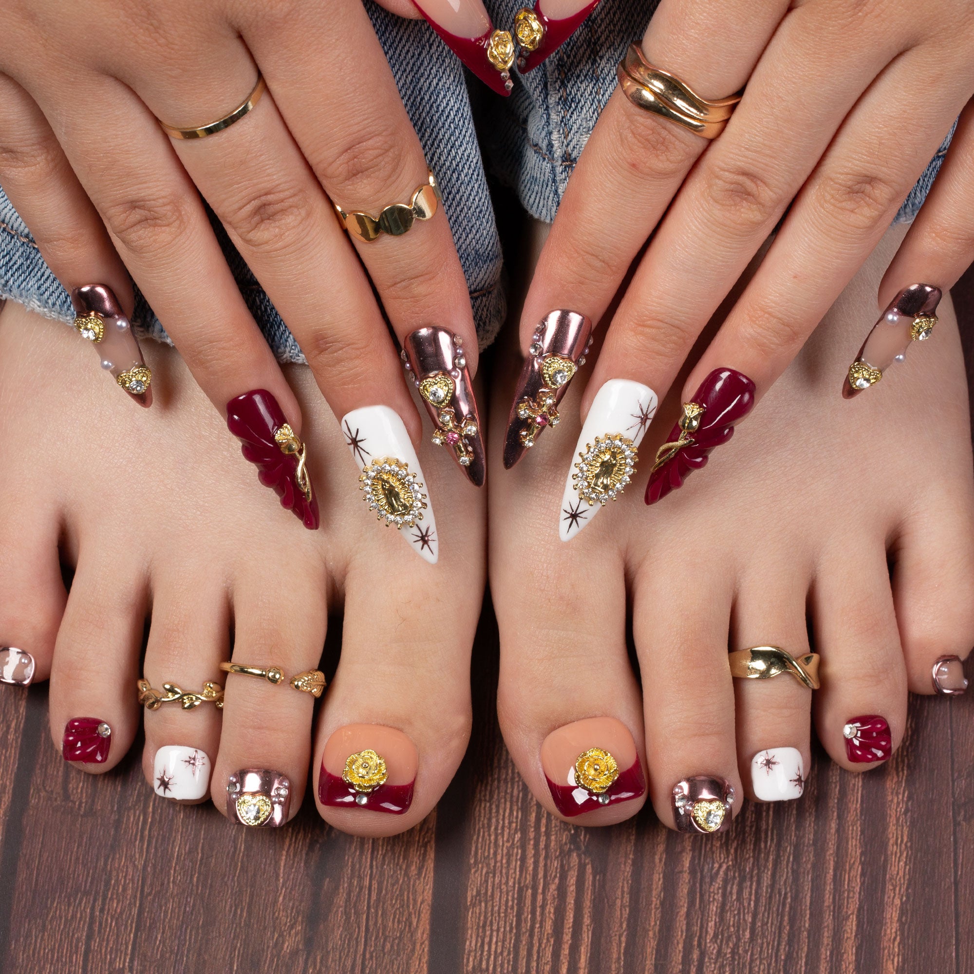 Royal Crimson Combo Set Handmade Nails H383+T383