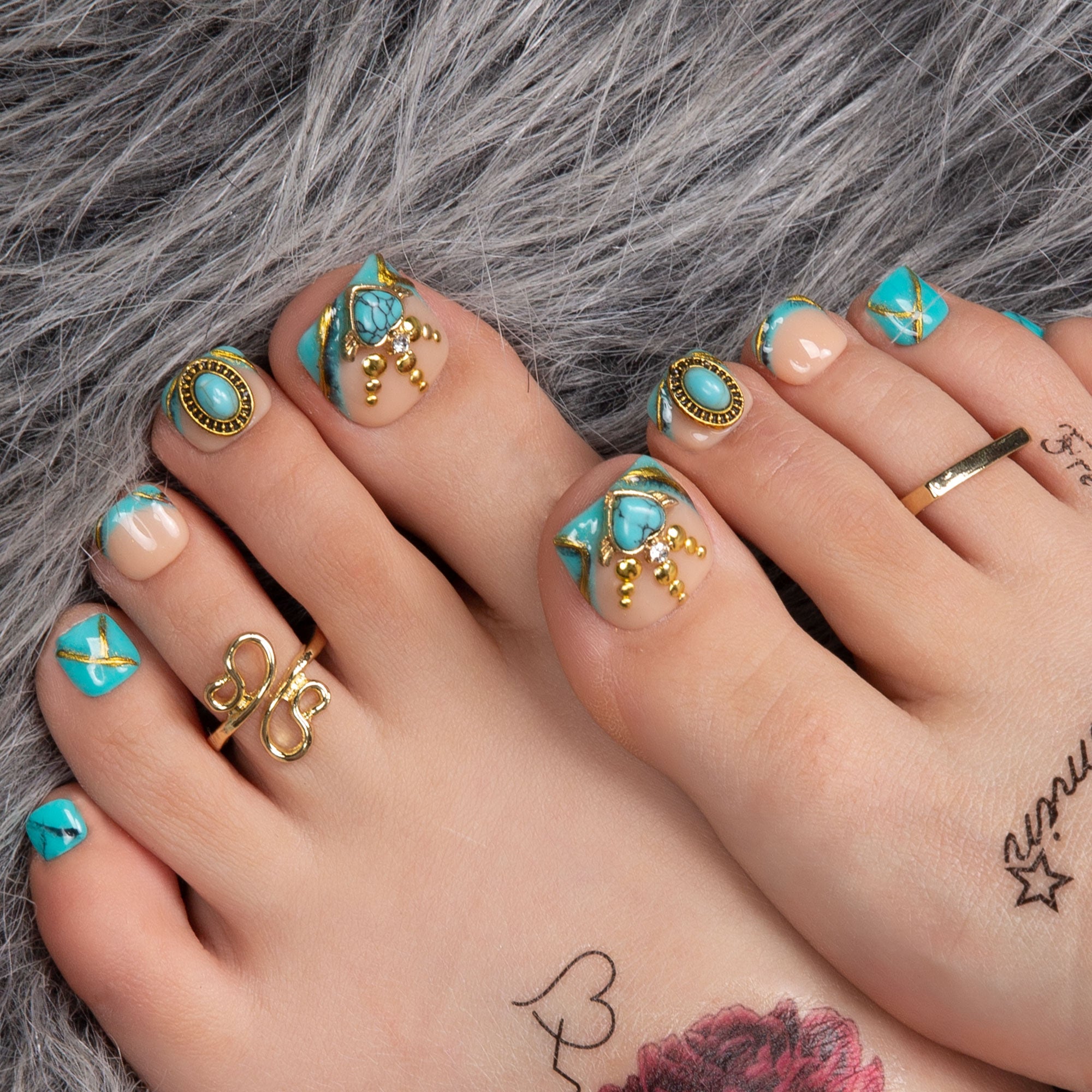 Turquoise Blue French Tip T122 Toe Nails- 20Pcs Free Size