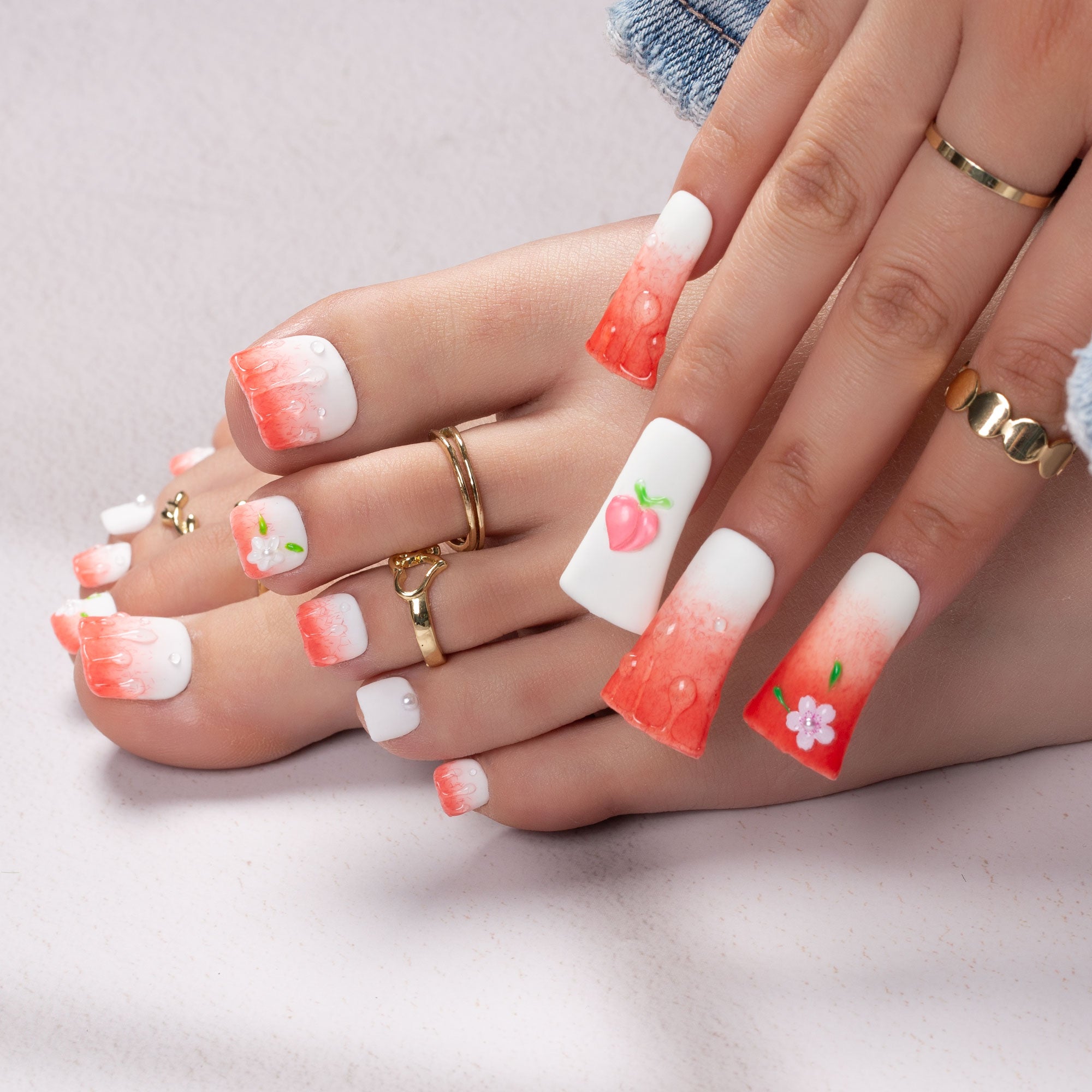 Sparkling Peach Combo Set Handmade Nails H247+T247