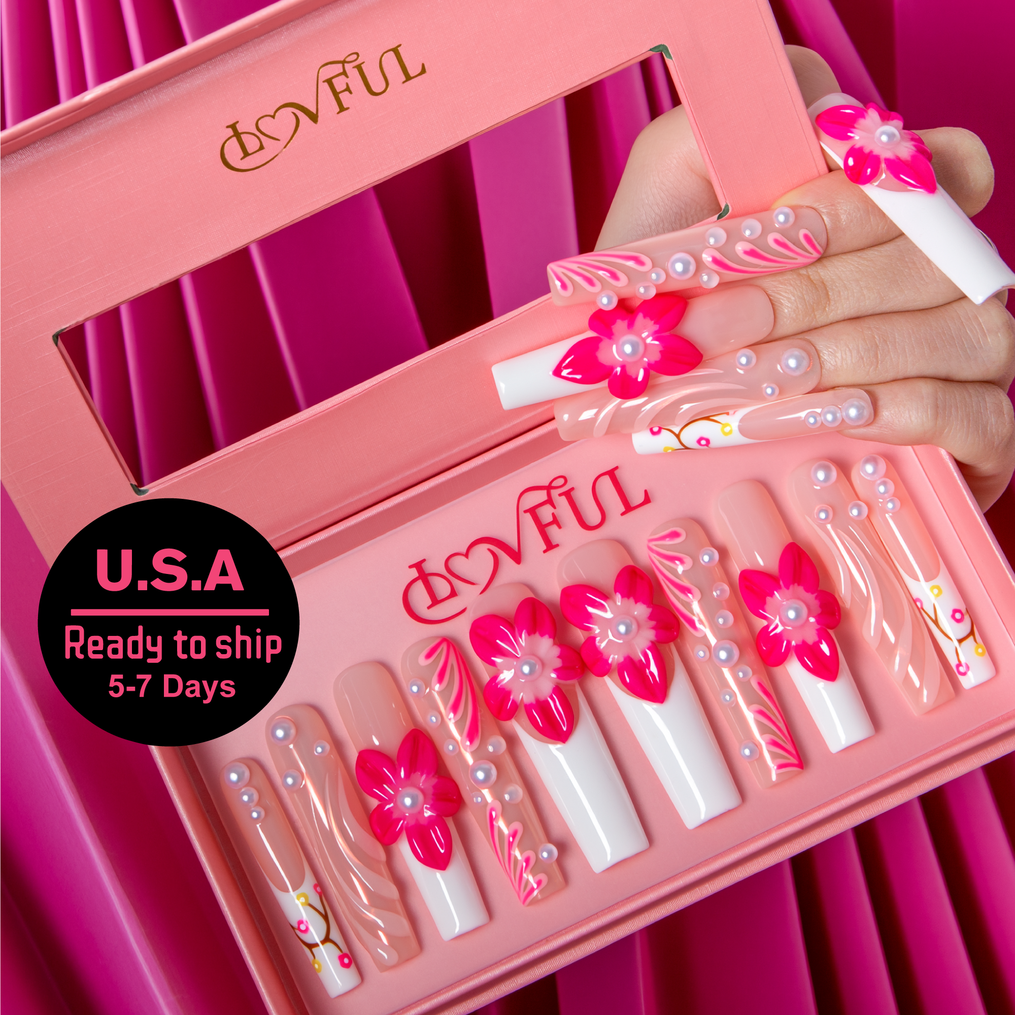 Flash Sale Hawaiian Orchid Handmade Square Nails H264 RTS