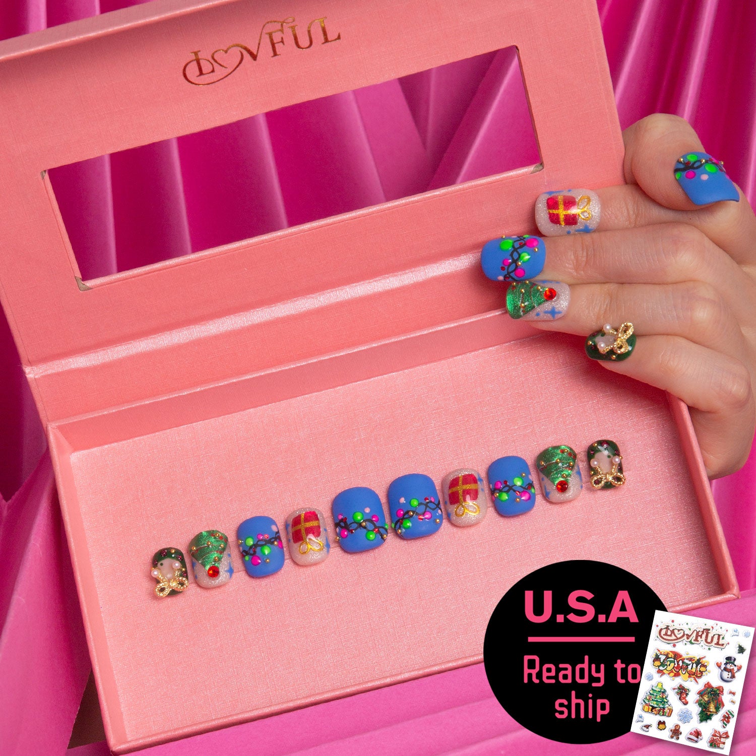 Christmas Cheer Handmade Square Nails H348 RTS