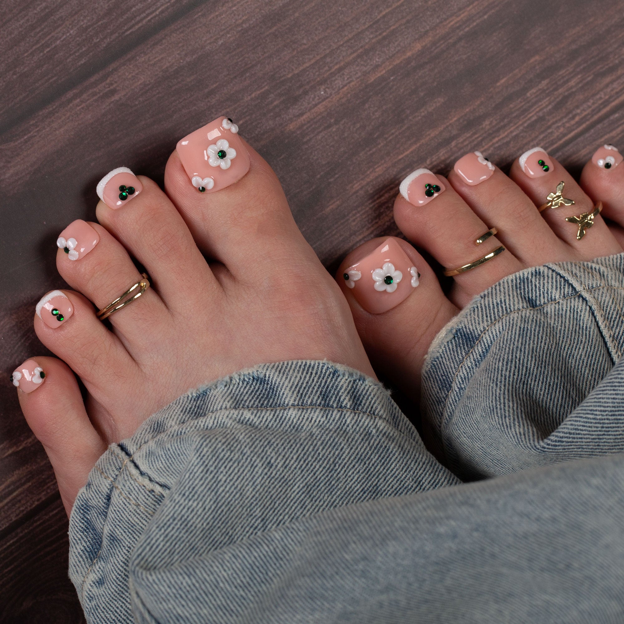 Floral French Tip T70 Toe Nails- 20Pcs Free Size