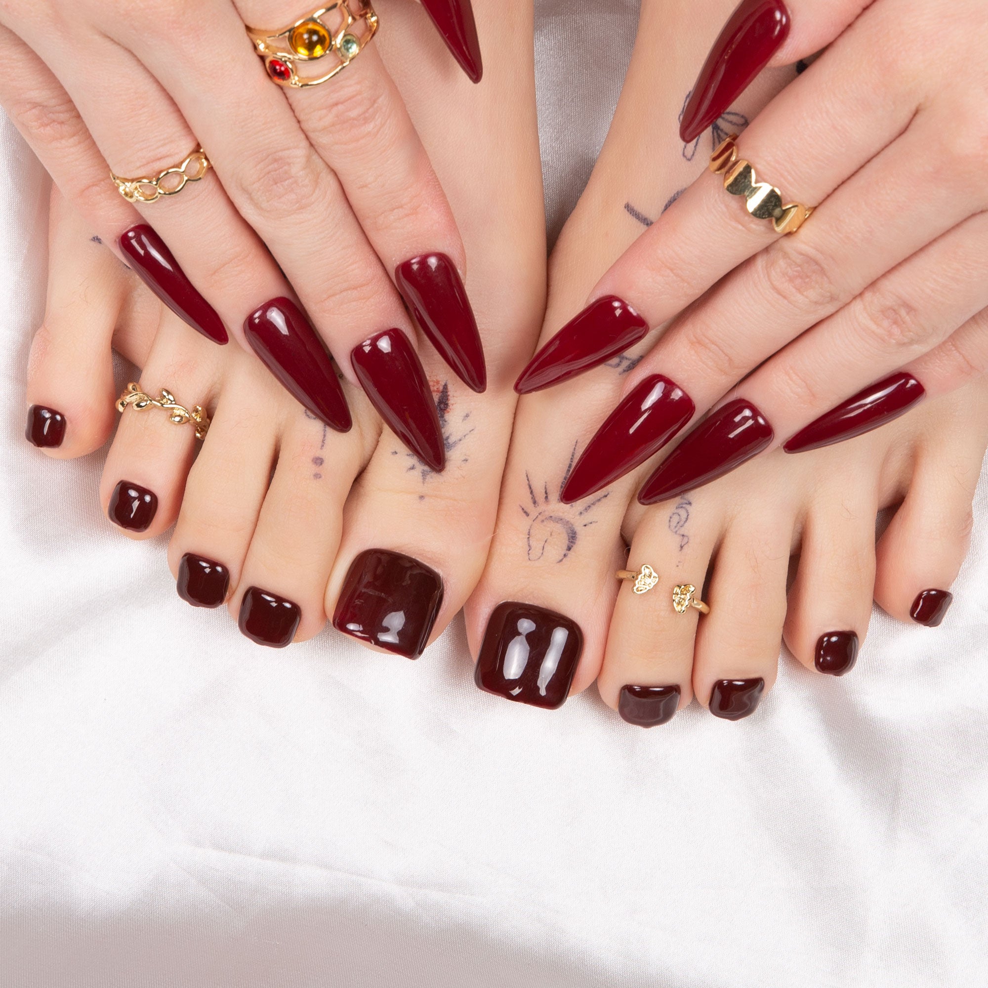 Burgundy Wine Pure Color Combo Set Handmade Nails H8+T8