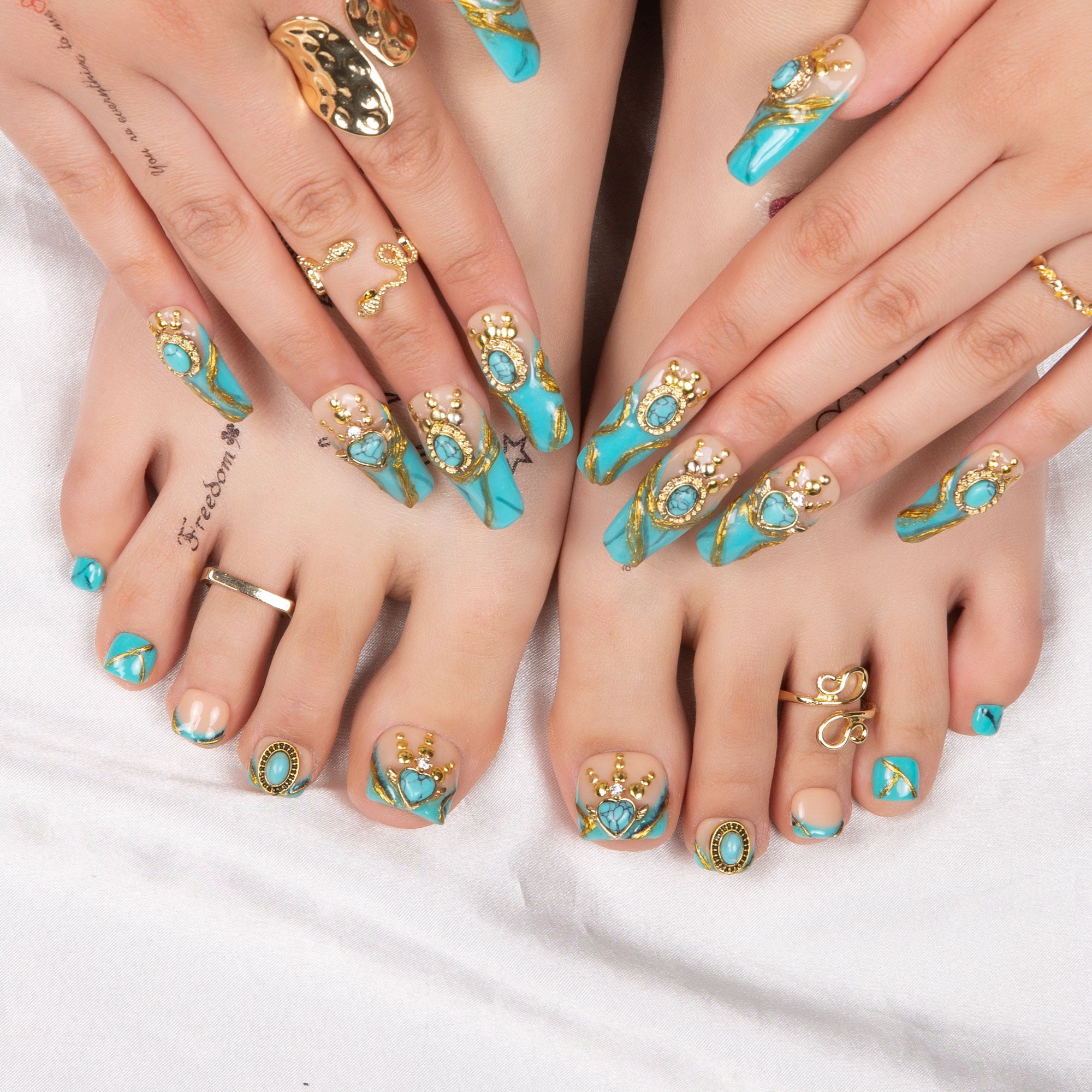 Turquoise Blue French Tip Combo Set Handmade Nails H122+T122