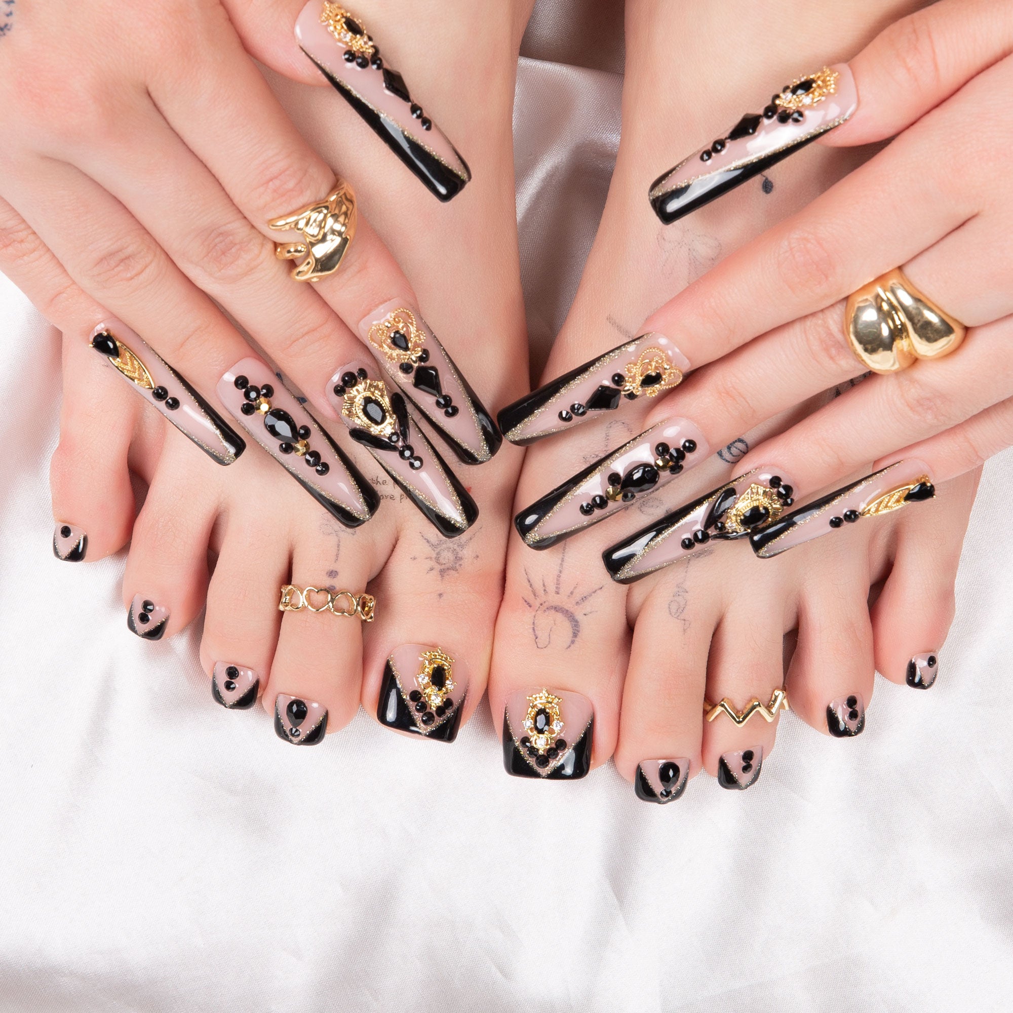 Obsidian Palace Black French Tip Combo Set Handmade Nails H165+T165
