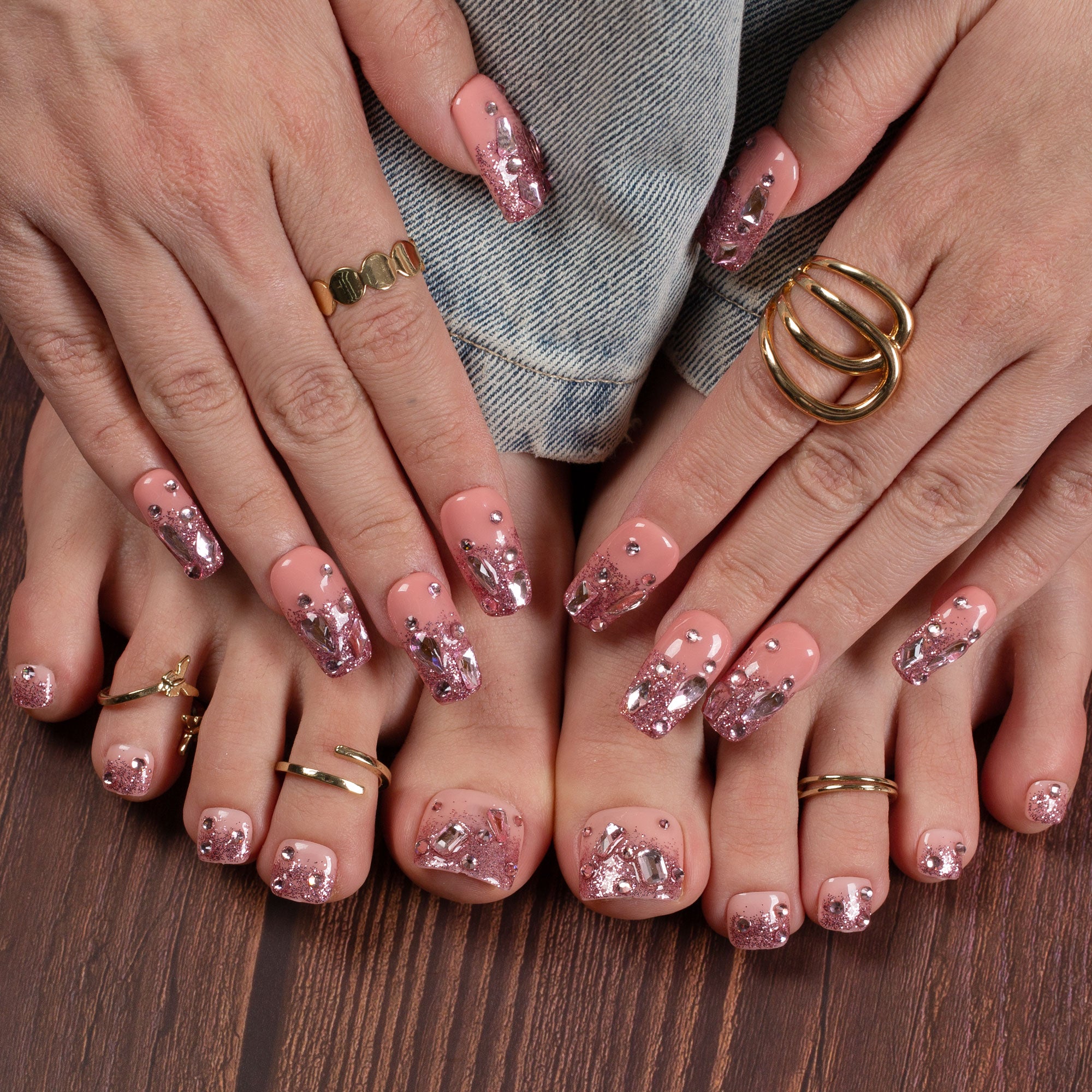 Pink Glitter Combo Set Handmade Nails H60+T60