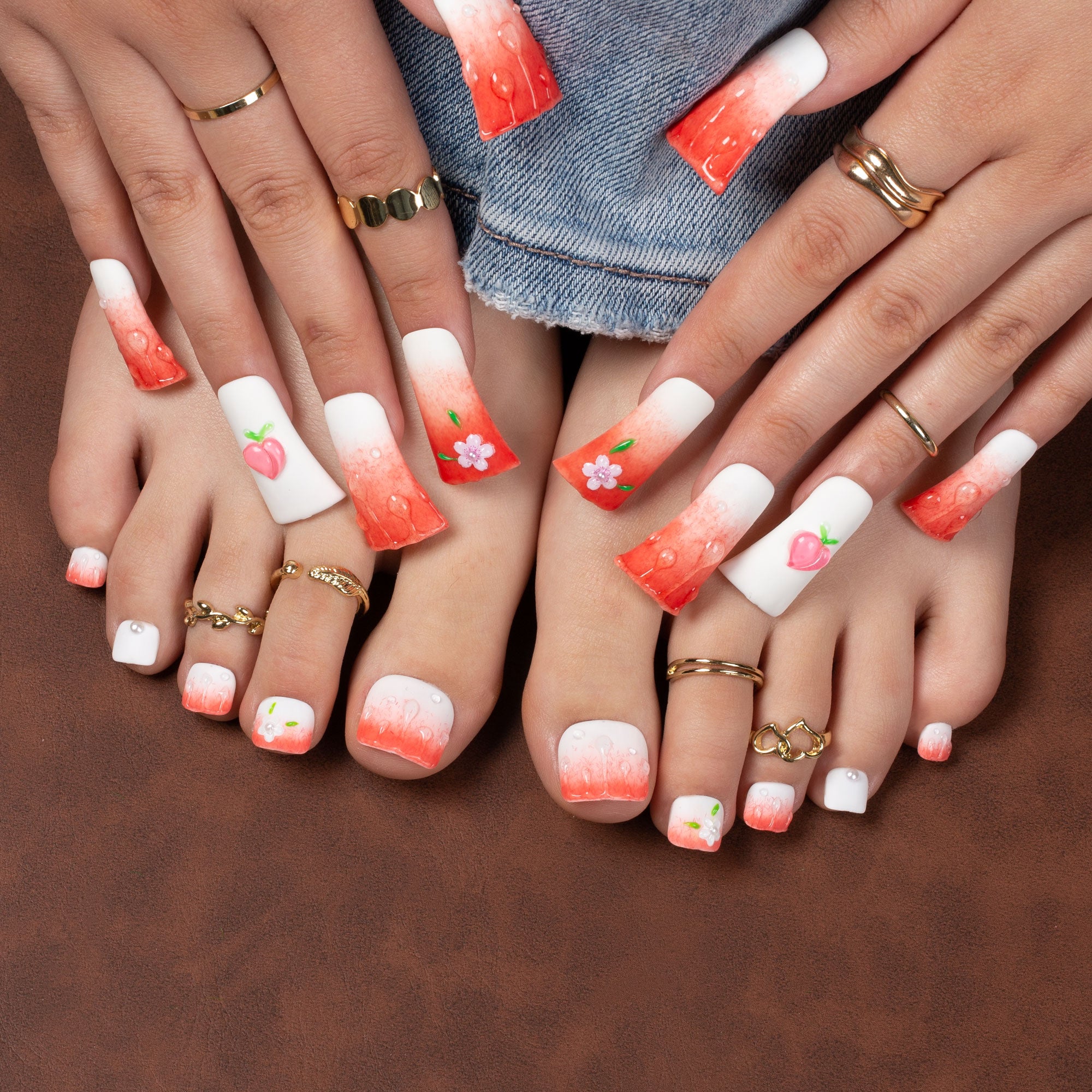Sparkling Peach Combo Set Handmade Nails H247+T247