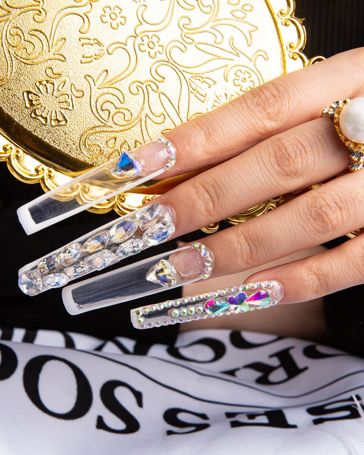 Chance French Tip Press-on Nails with Diamonds