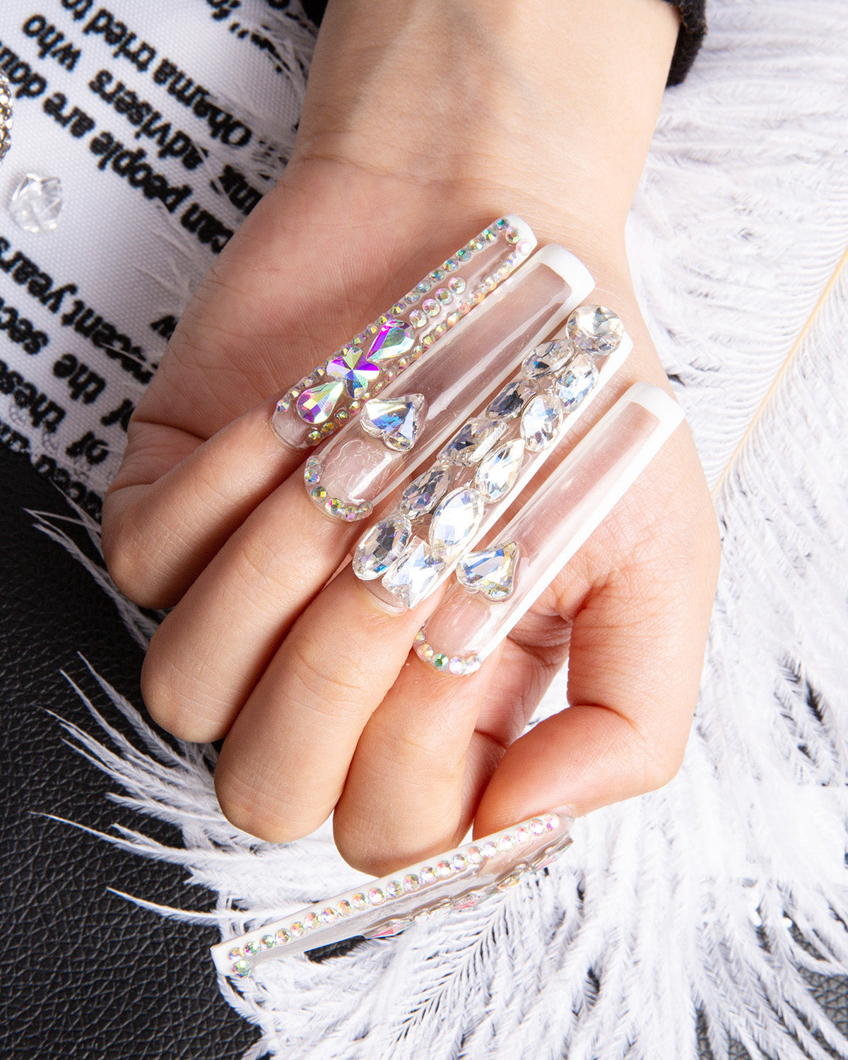 Sparkling French Tip Press-on Nails with Diamonds