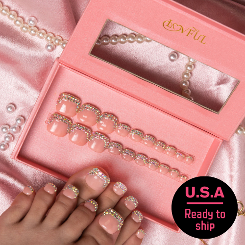 T48 - Nude French Tip Rhinestone  - 20 Pcs FREE SIZE Toe Nails - RTS