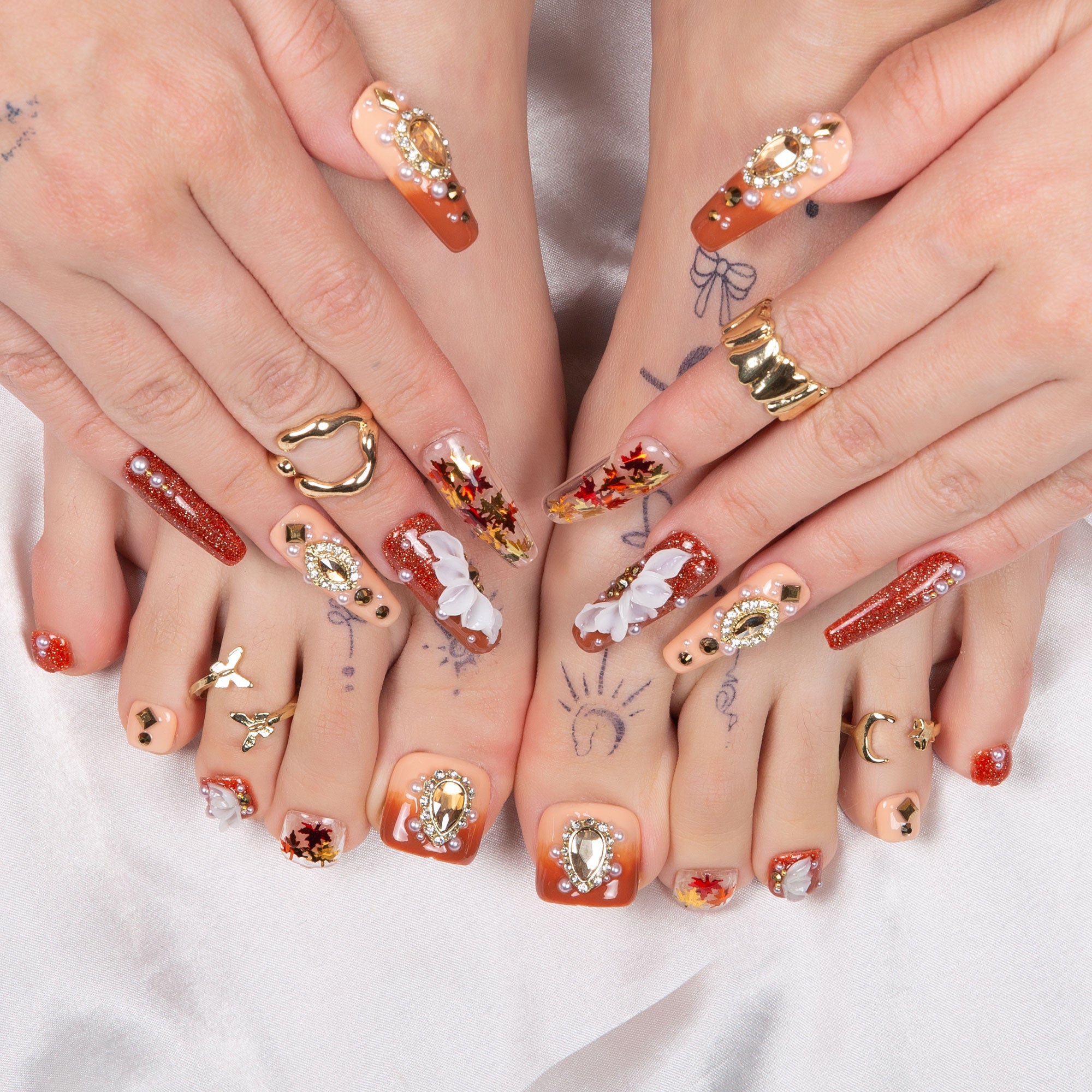 Golden Cascade Combo Set Handmade Nails H343+T343