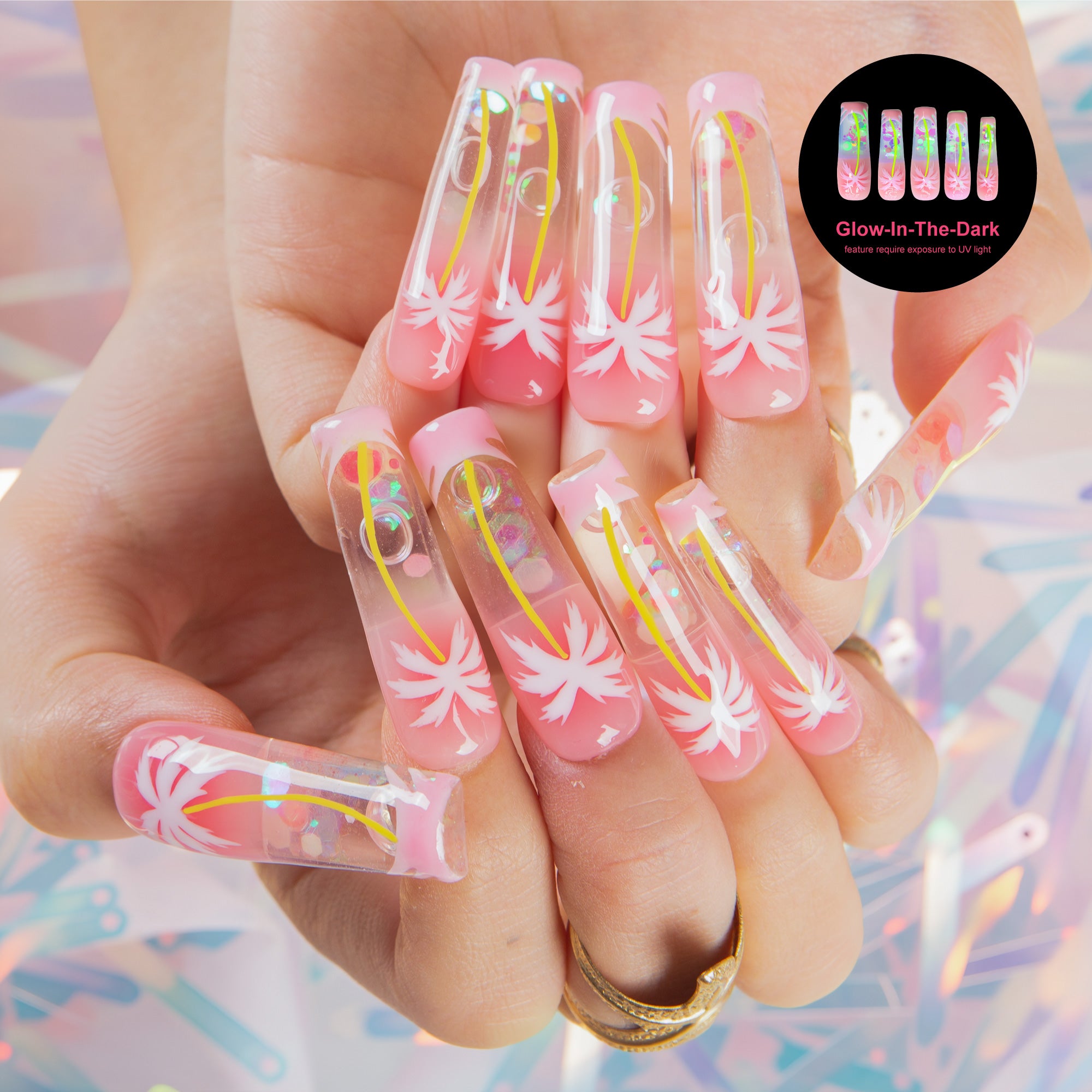 Moonlit Coast Handmade Fluid Glitter Nails GLOW IN THE DARK H680
