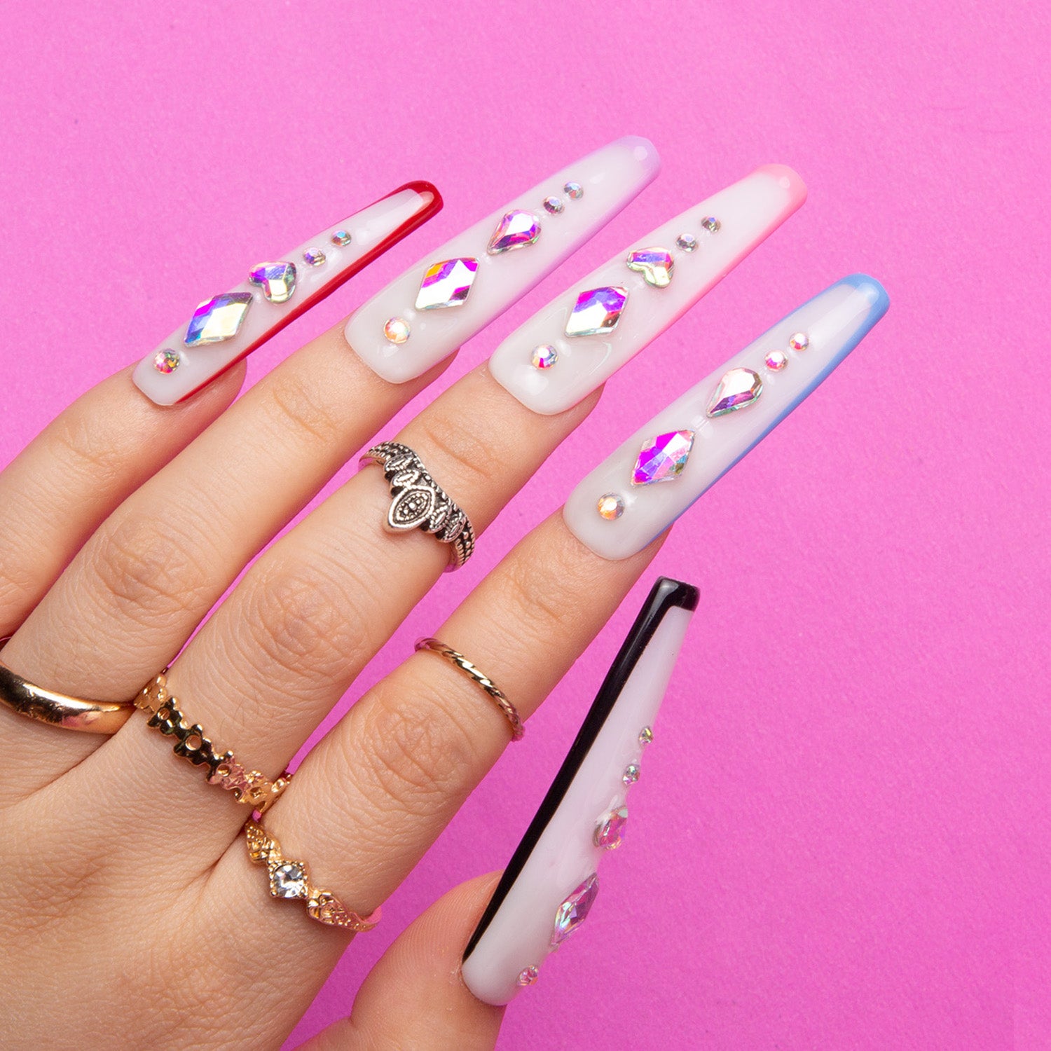 Galaxy Colorful French Tip Handmade Coffin Nails H86 RTS