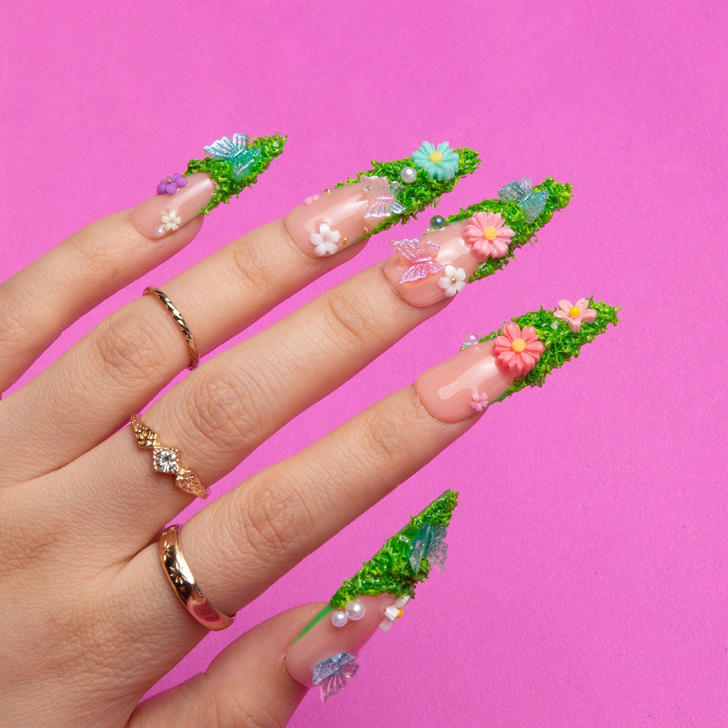 Fairy Tale Garden French Tip Handmade Stiletto Nails H151 RTS