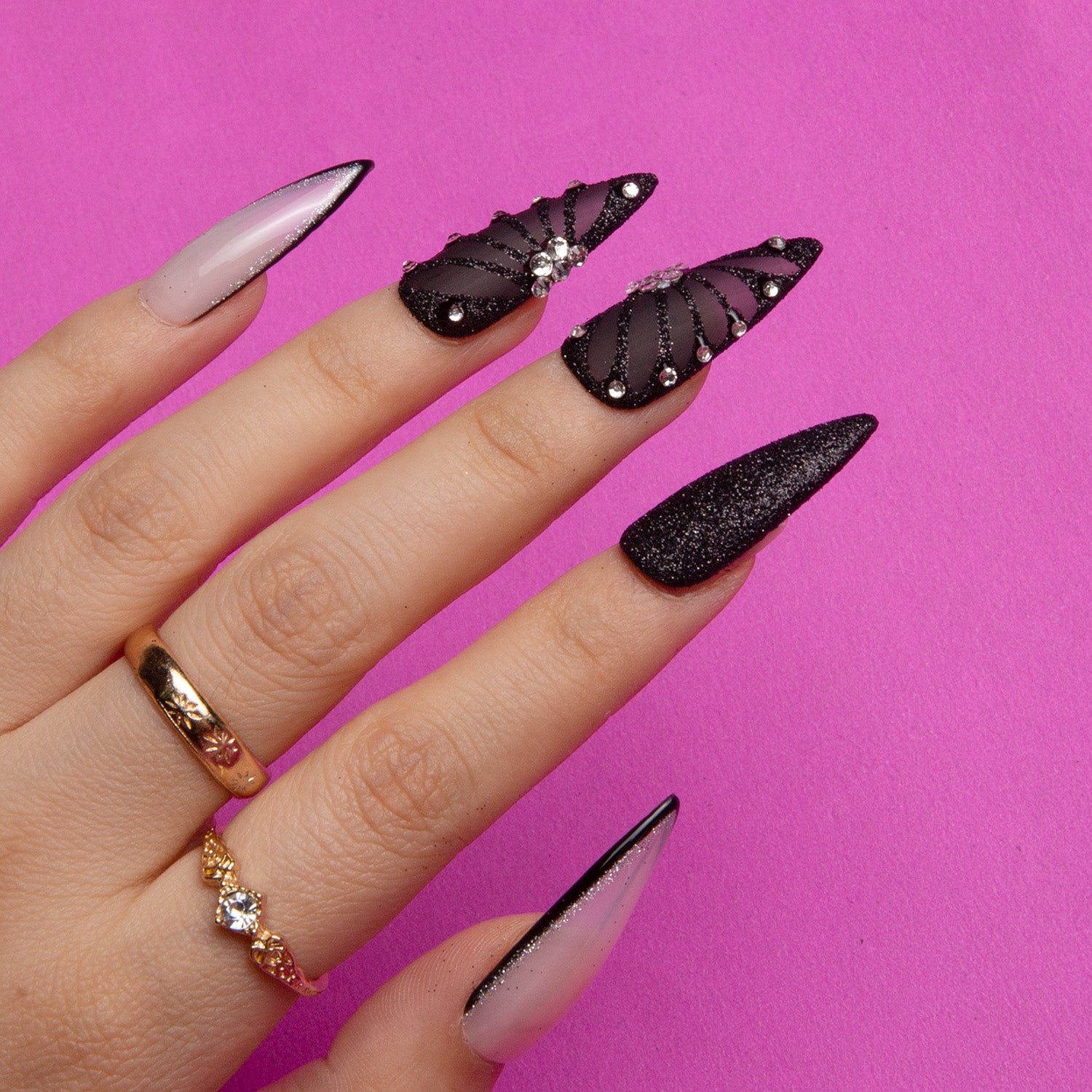 Dancing Spirit Black Handmade Stiletto Nails H79 RTS