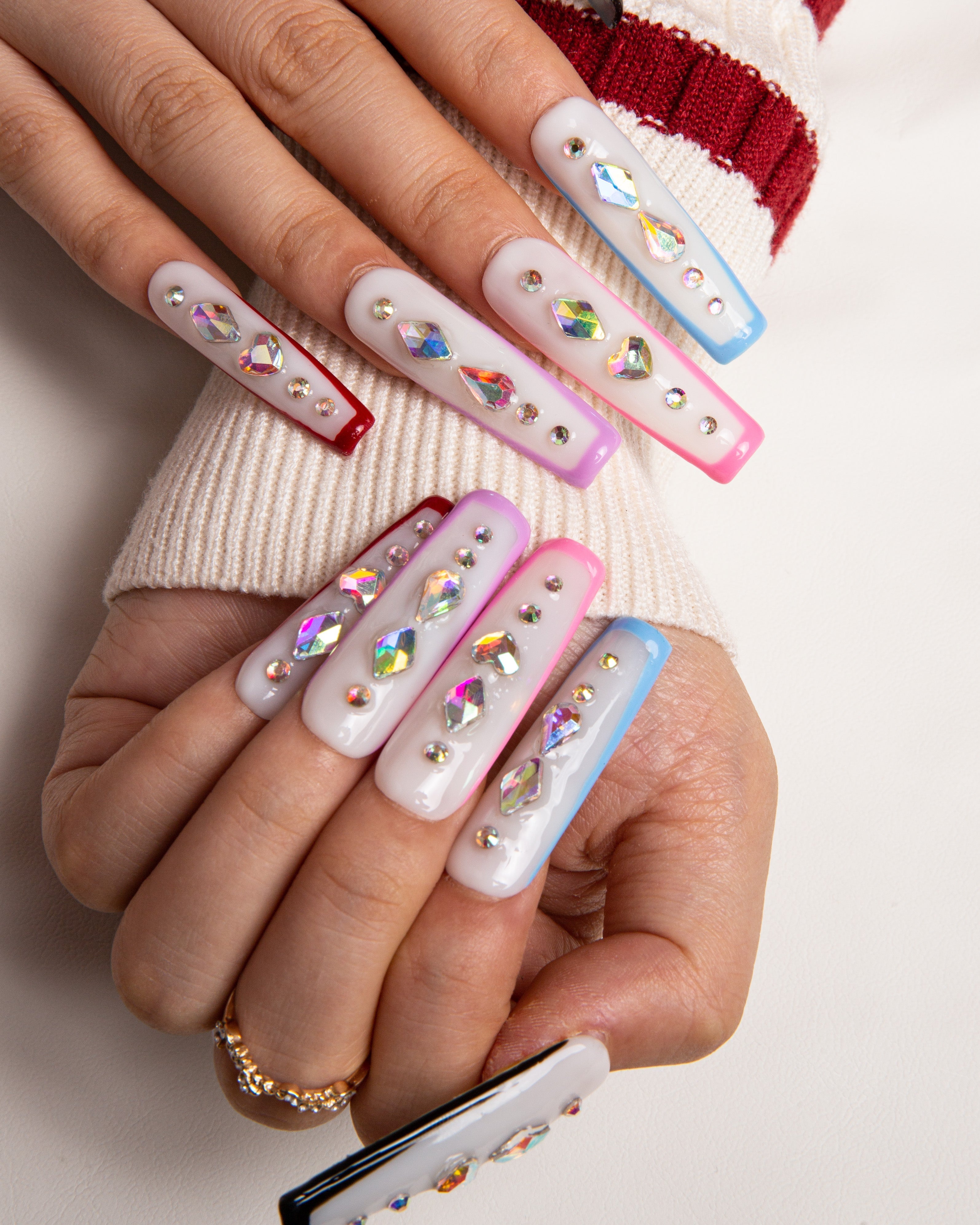 Galaxy Colorful French Tip Handmade Square Nails H86 RTS