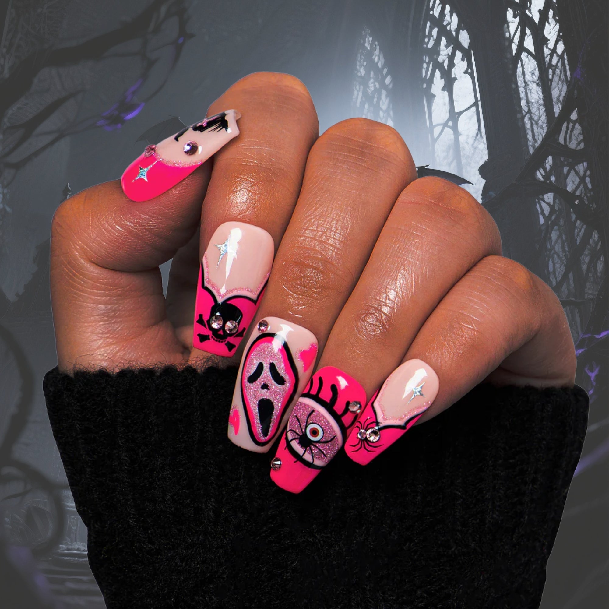 Pink Scream Handmade Nails GLOW IN THE DARK H338