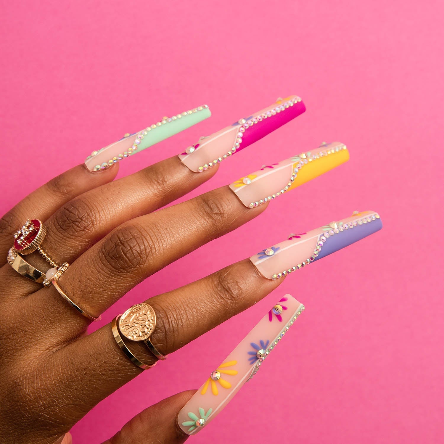 Wild Blooming French Tip Press On Nails, Floral Design