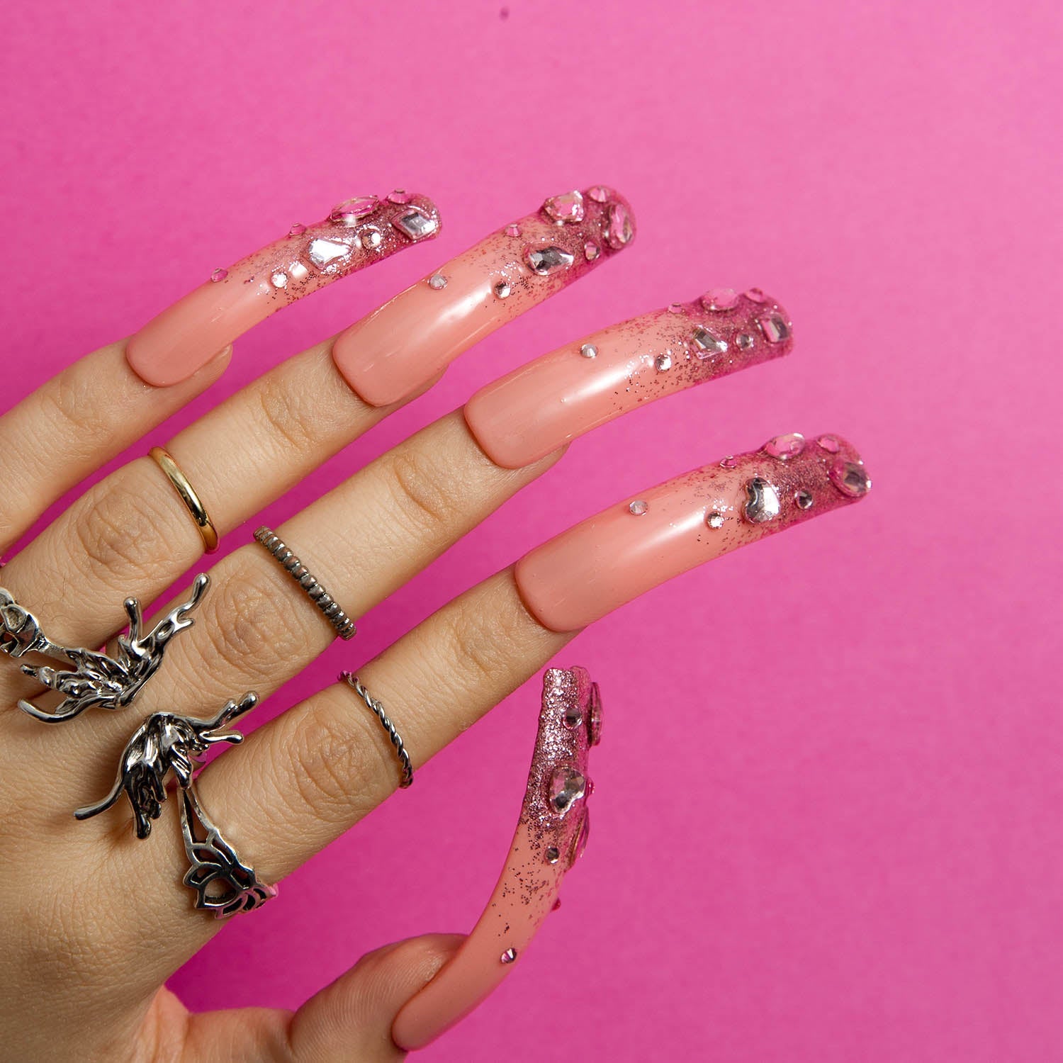 Pink Glitter Handmade Curve Nails H60 RTS