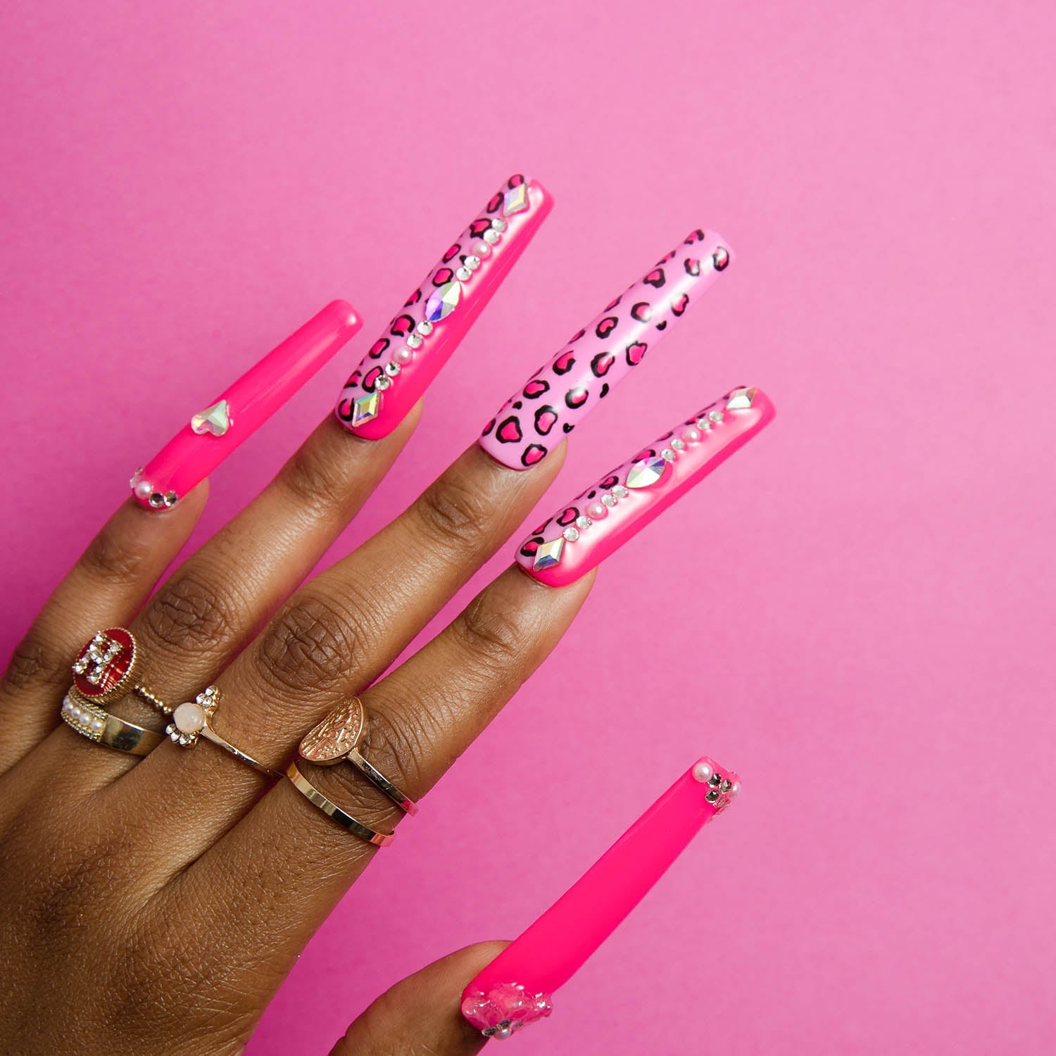 Pink leopard print square press on nails