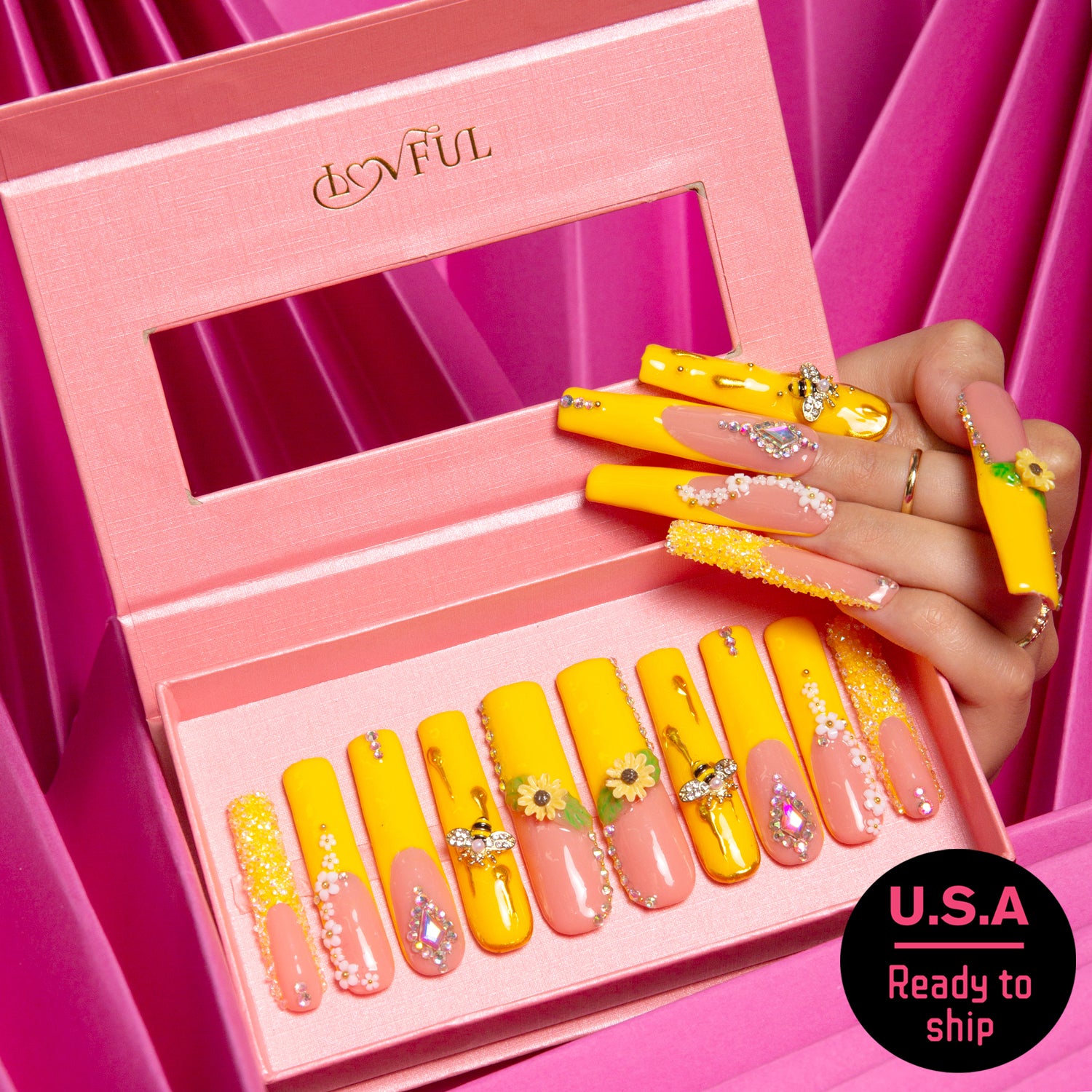 Honey Bee Yellow Square Press On Nails by Lovful, Ready to Ship