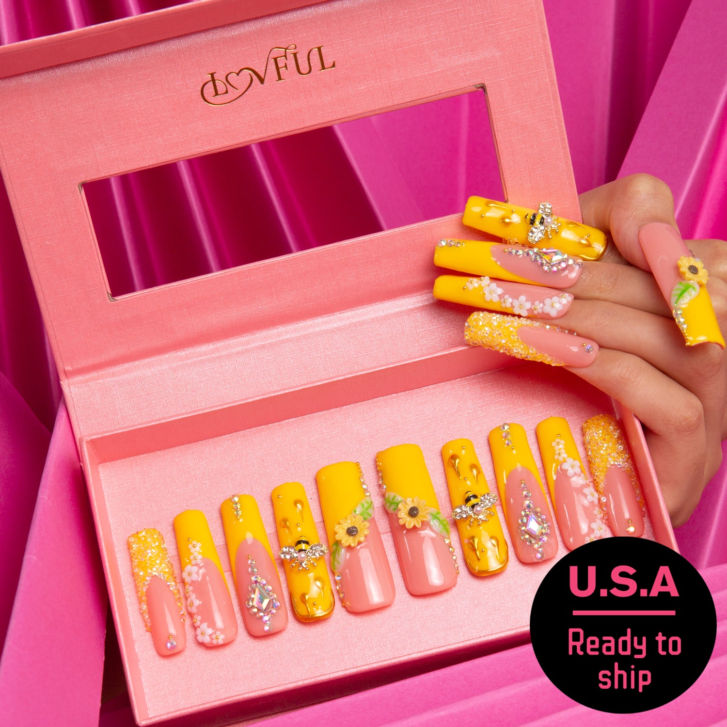 Honey Bee Yellow Square Press On Nails, Ready to Ship