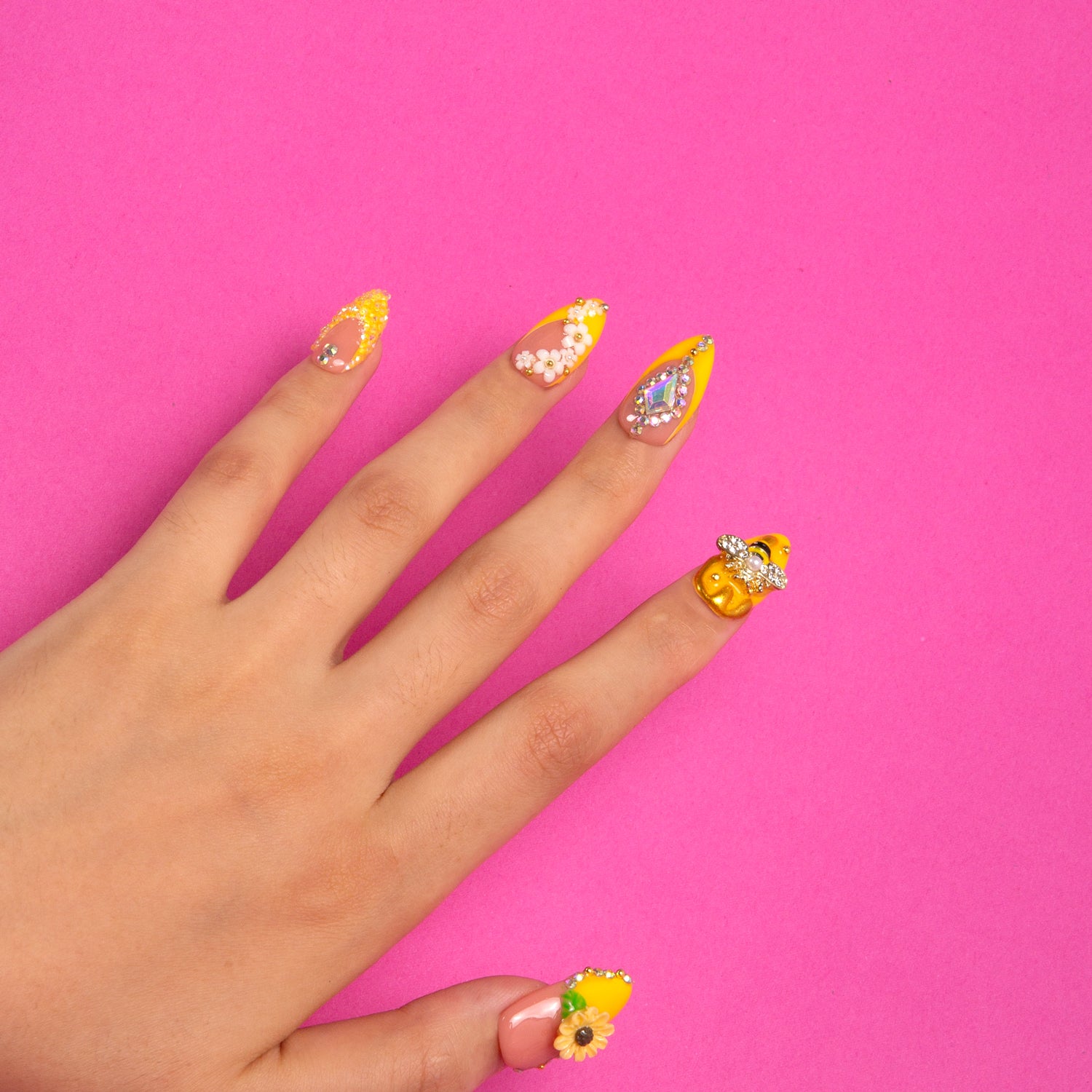 Honey Bee press-on nails, almond shape, yellow design, ready to ship