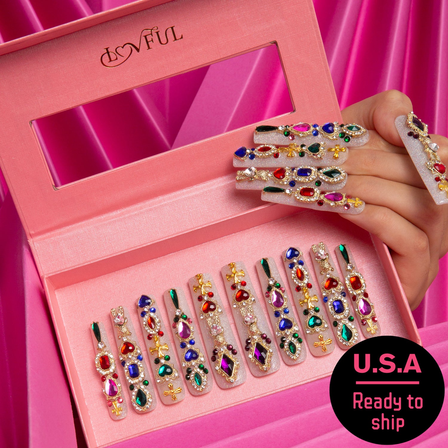 Treasure Trove Rhinestone Handmade Square Nails, Ready to Ship