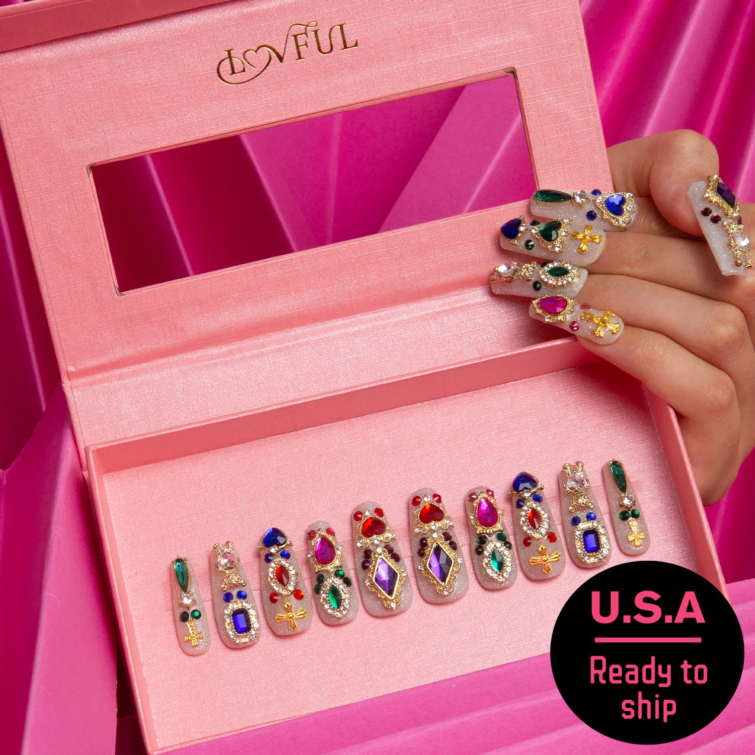 Treasure Trove Rhinestone Handmade Coffin Nails H103 RTS