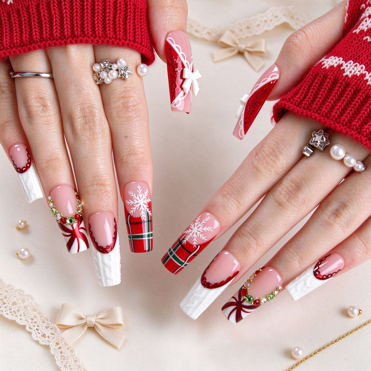 Ribbon Noel Handmade Nails H1031