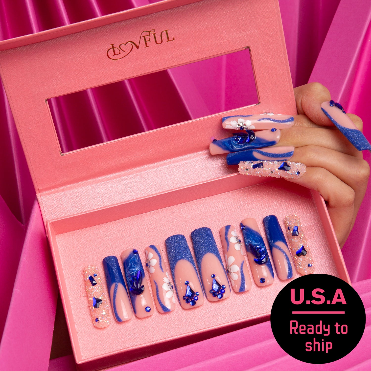 Glimmer Fuse Handmade Square Nails H106 RTS, blue French tip with gems