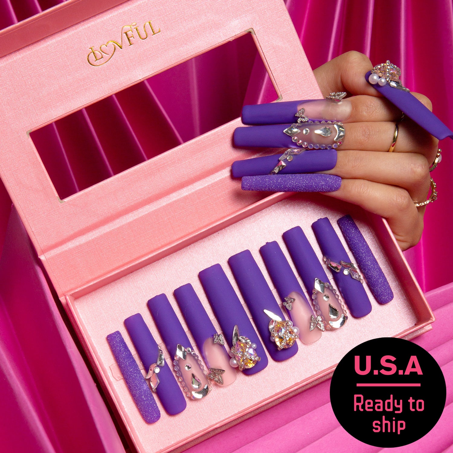 Mystique Veil press-on nails by Lovful in a deep purple color with butterfly and gem decorations, ready to ship from the U.S.A.