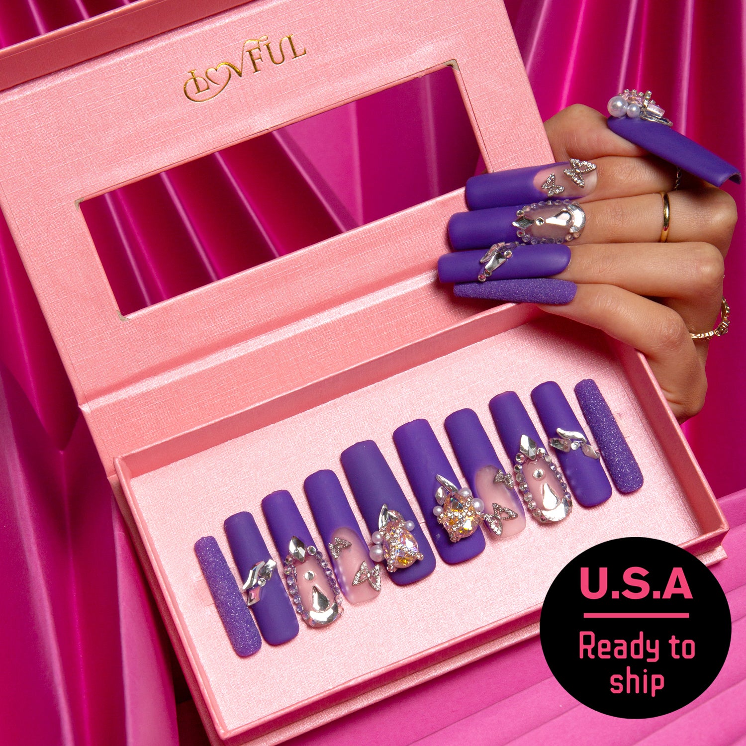 Mystique Veil Purple Square Press On Nails with Gems