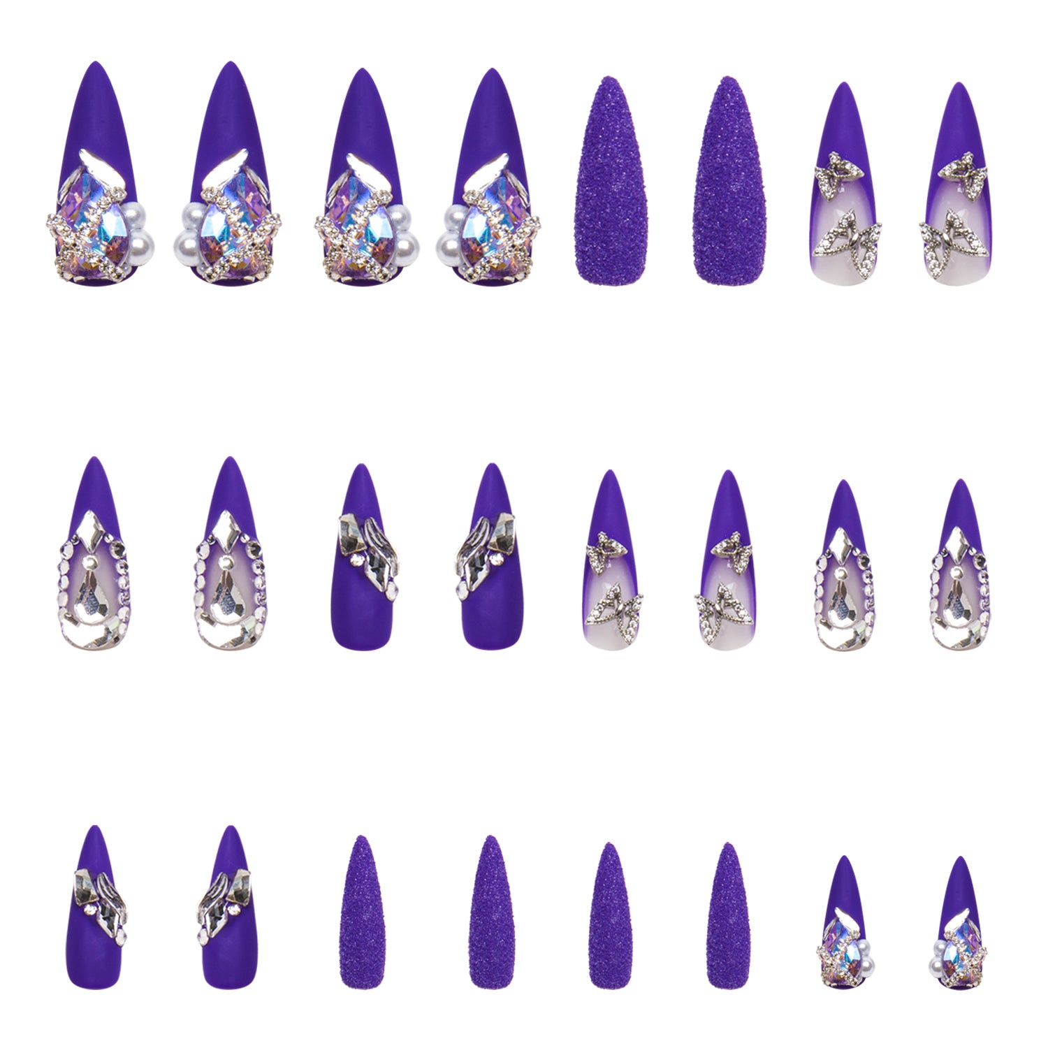 Mystique Veil press-on nails, deep purple with butterfly decorations, gem accents, and glitter overlay, 24-piece set from Lovful.com