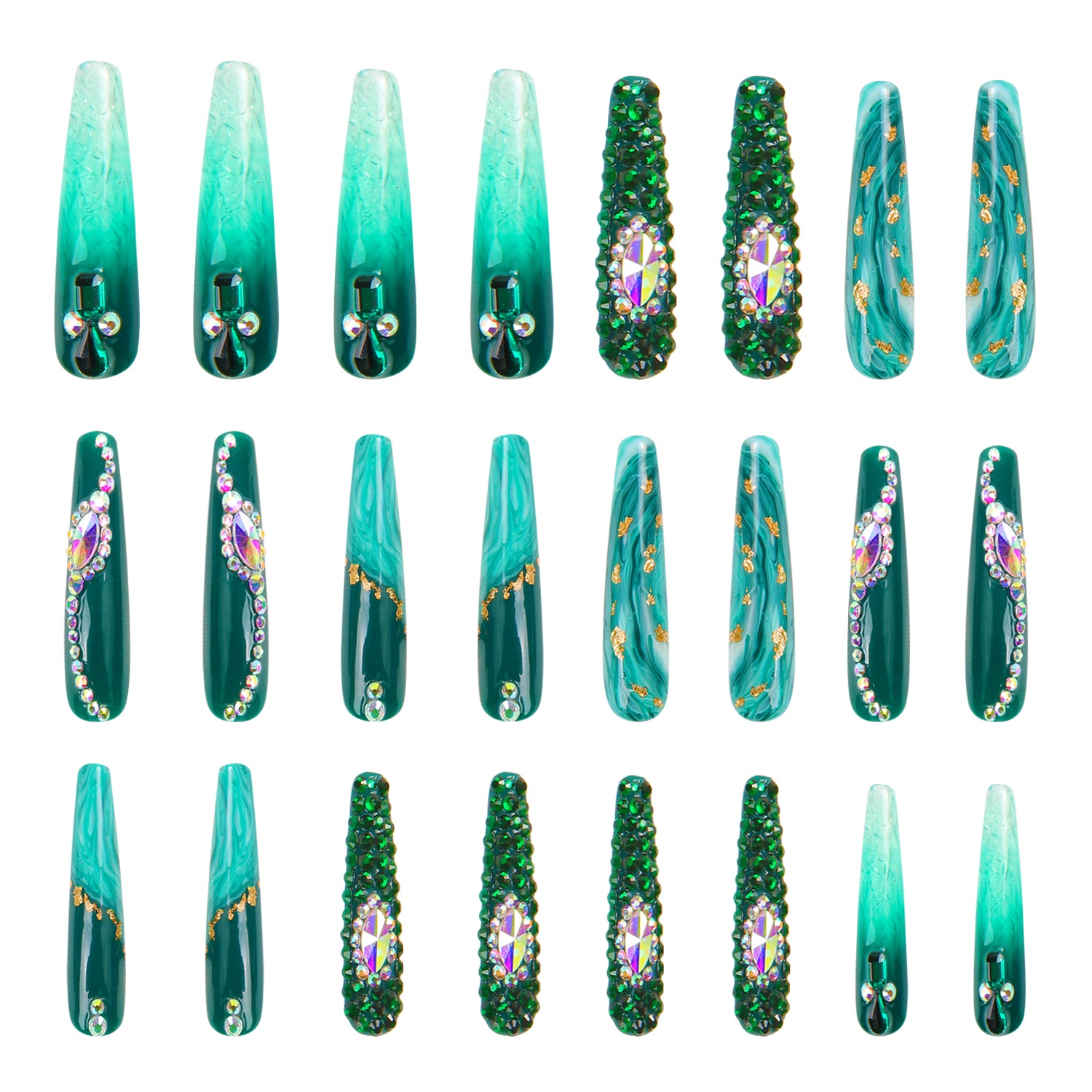 Emerald Envy press-on nails set of 24 featuring gold decor, green shades, and intricate designs reminiscent of lush foliage and liquid flowing patterns. High-quality press-on acrylic nails by Lovful.com