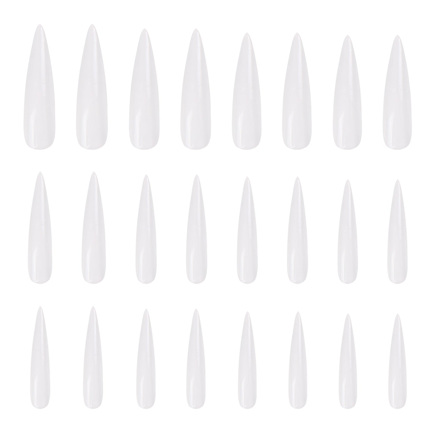 Set of 24 press-on acrylic nails in Snow White design with a glossy white finish, arranged in a grid pattern, part of Lovful.com H10 Snow White collection.