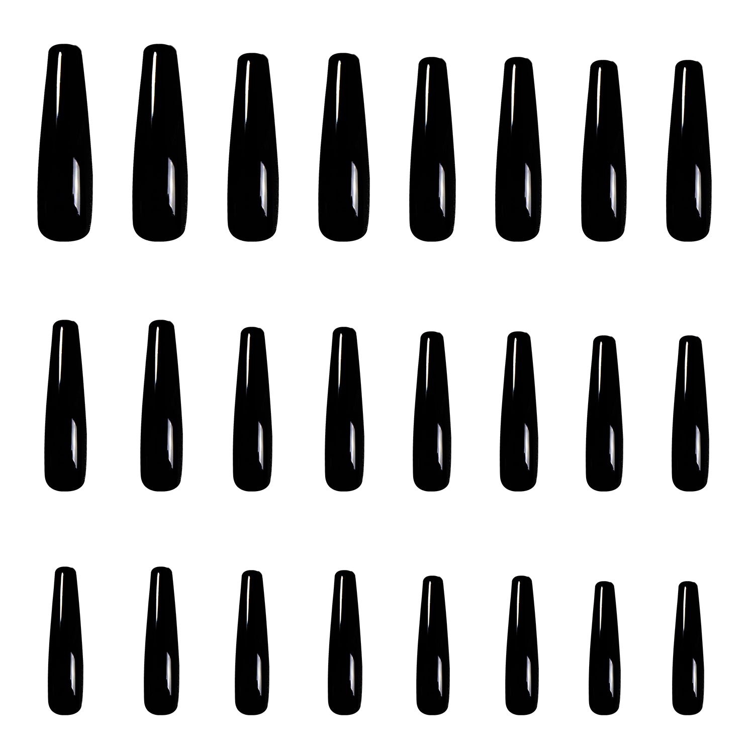 Set of 24 sleek and shiny black press-on nails arranged in a grid pattern, offering various sizes with a glossy finish from Lovful.com's Dark Angel collection.