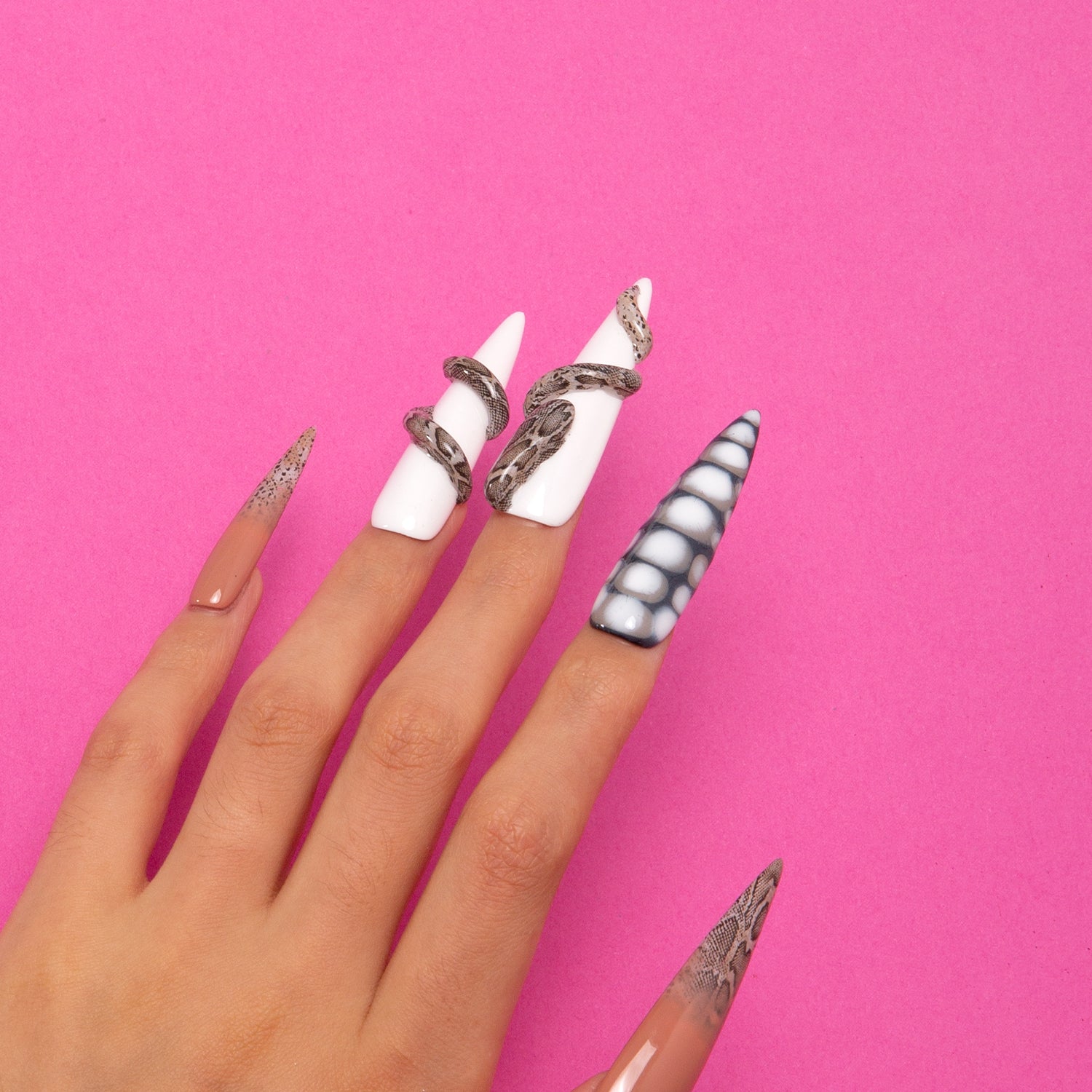 Sahara stiletto press-on nails with snake design