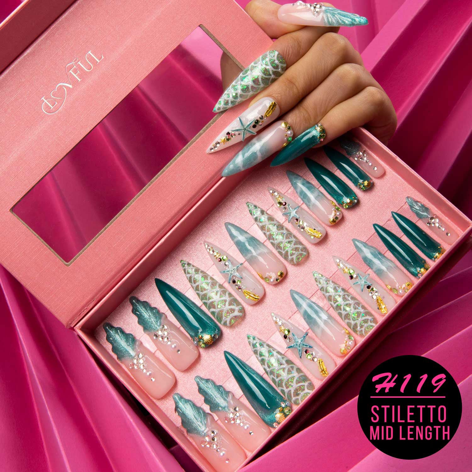Surfing Girls Blue Press-on Nails H119 Stiletto Mid Length