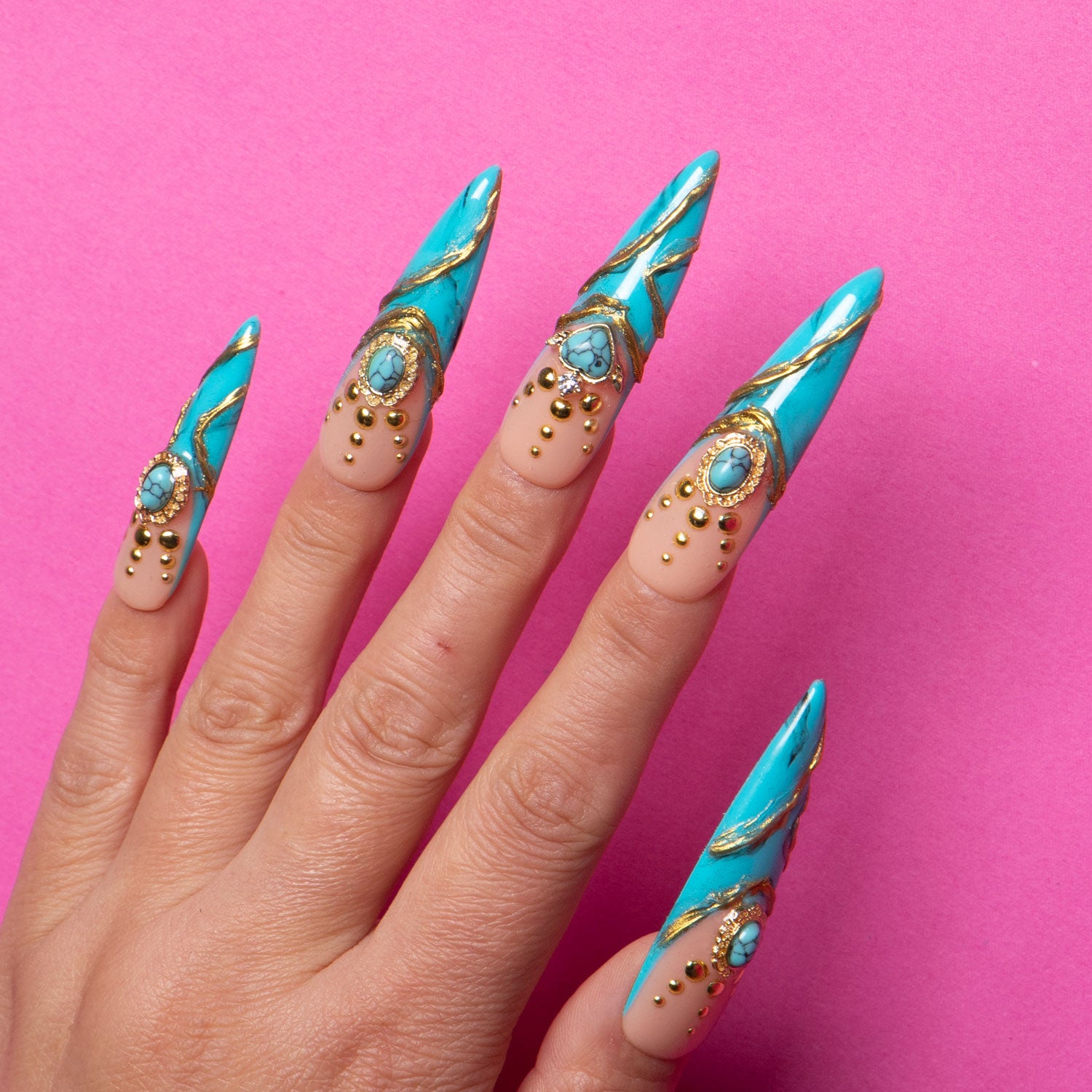 Turquoise Blue French Tip Press On Nails with Gold Accents
