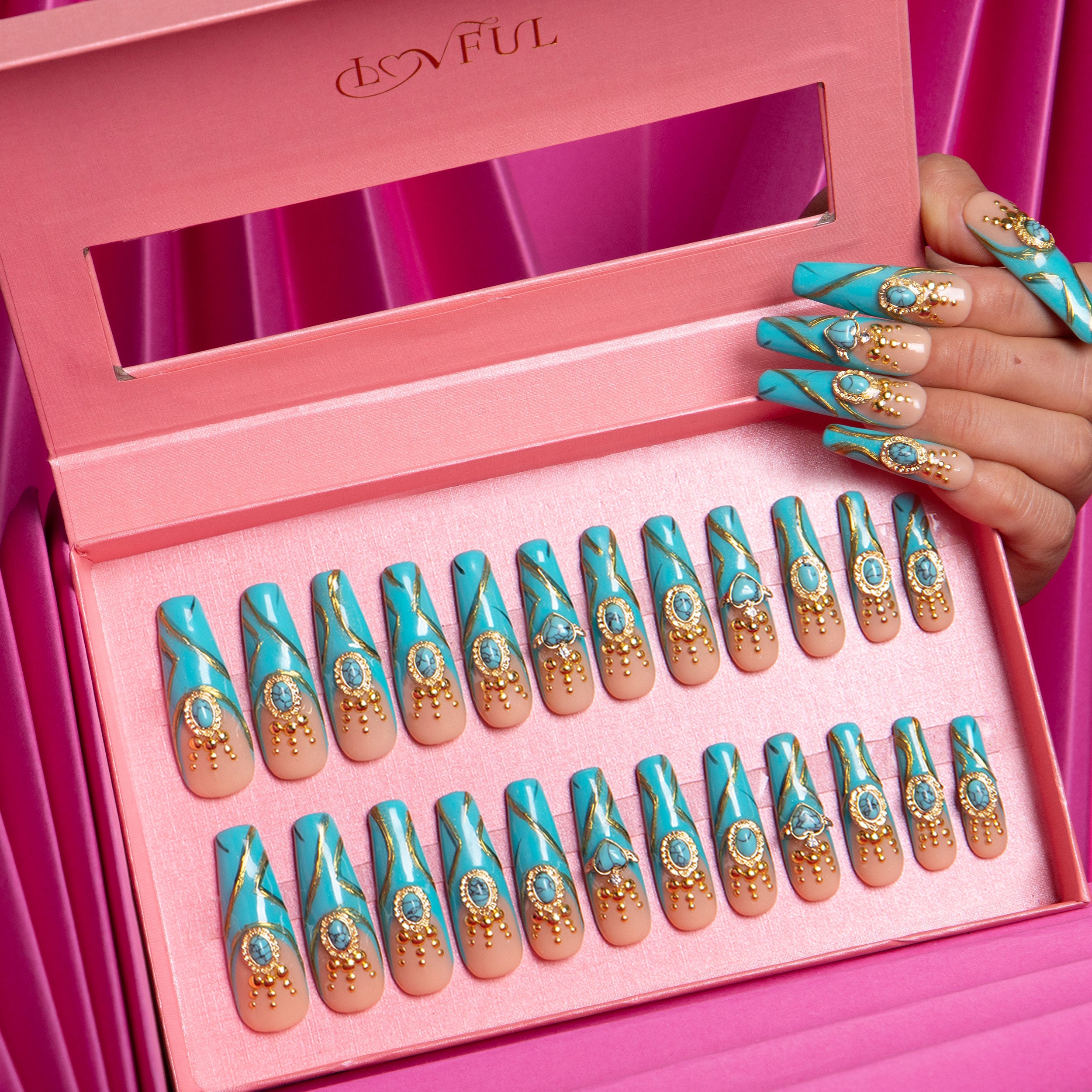 Turquoise Blue French Tip Nails with Gold Accents