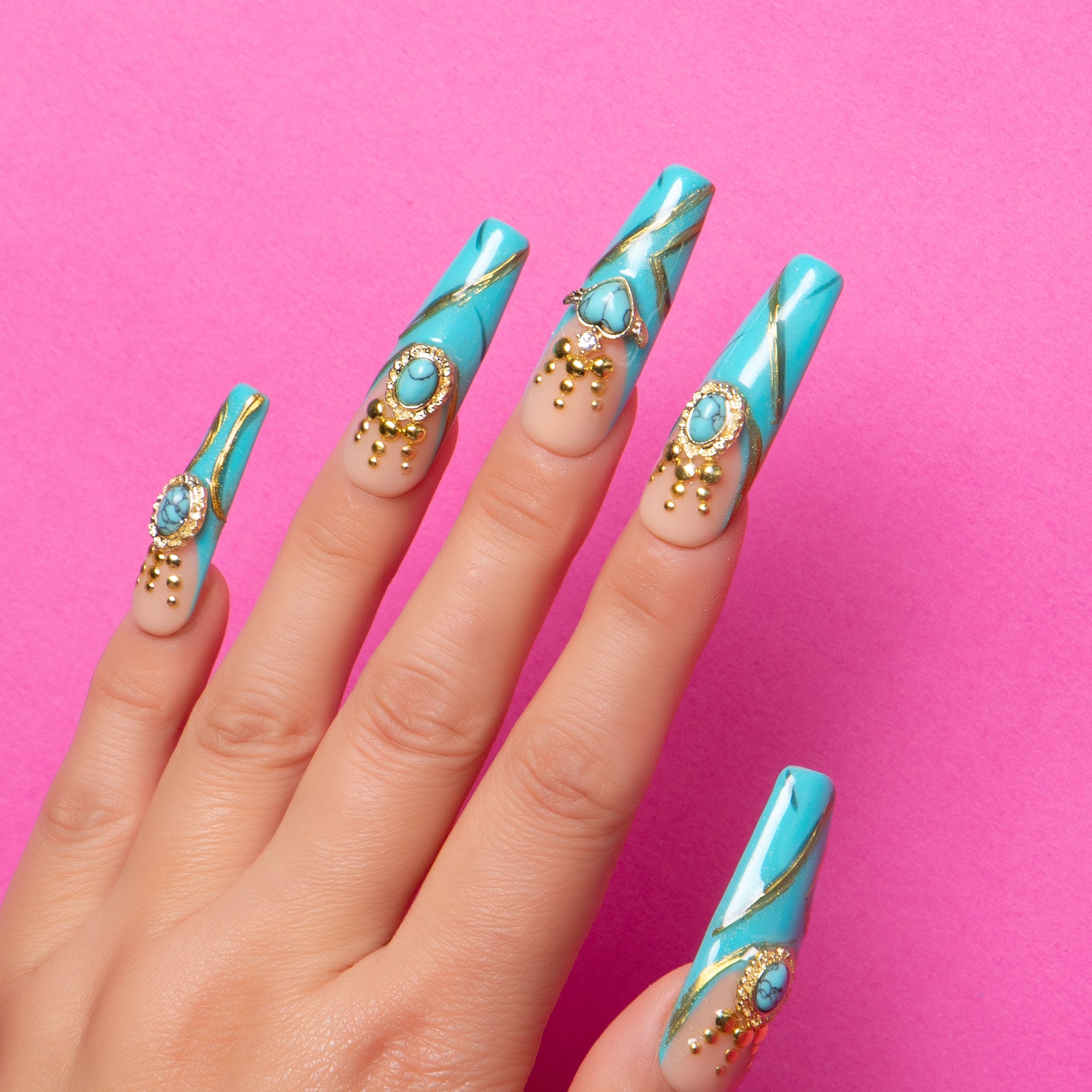 Turquoise Blue French Tip Press-On Nails with Gold Accents